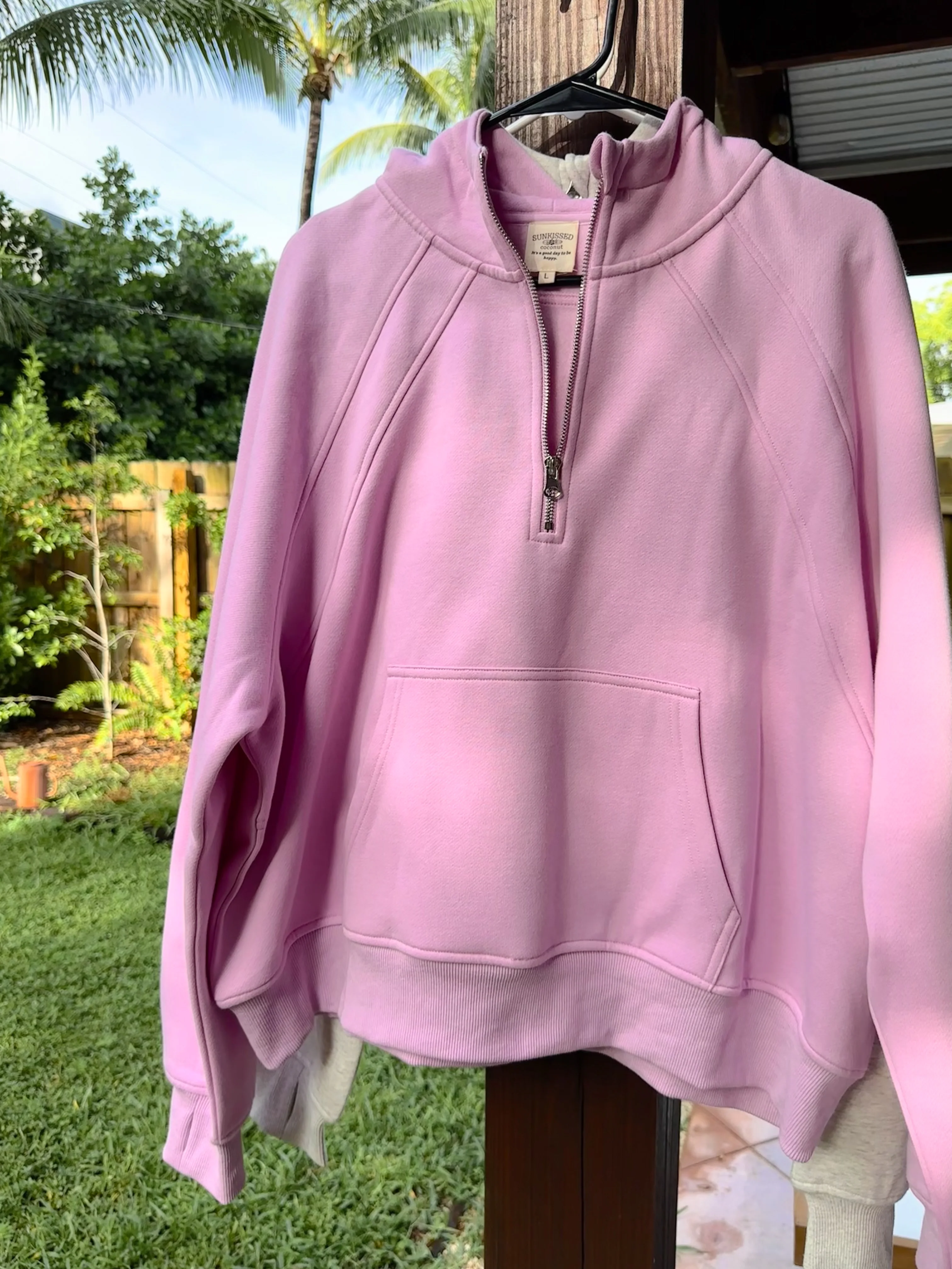Pink Lavender  Pilates Detailed Waist Length Quarter Zip Hoodie - Image 6