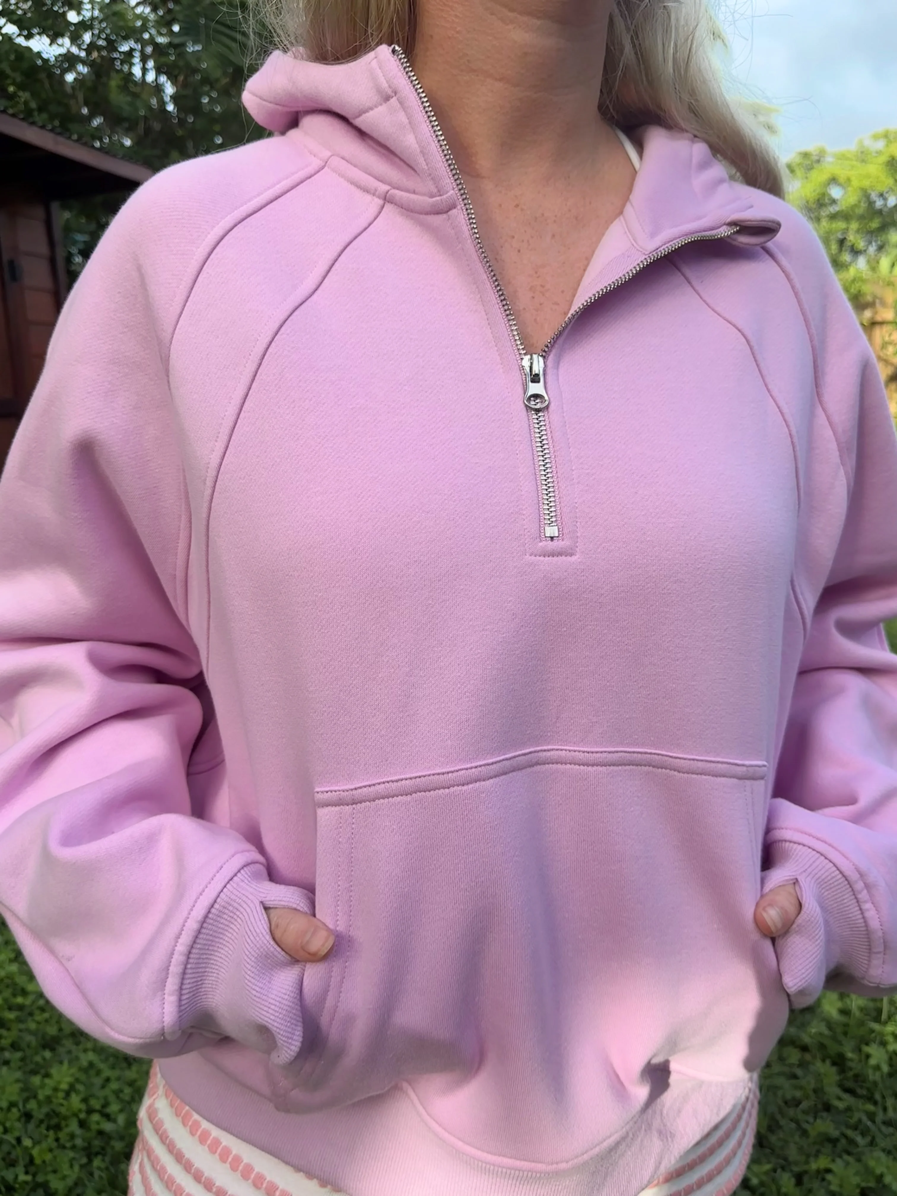 Pink Lavender  Pilates Detailed Waist Length Quarter Zip Hoodie - Image 7