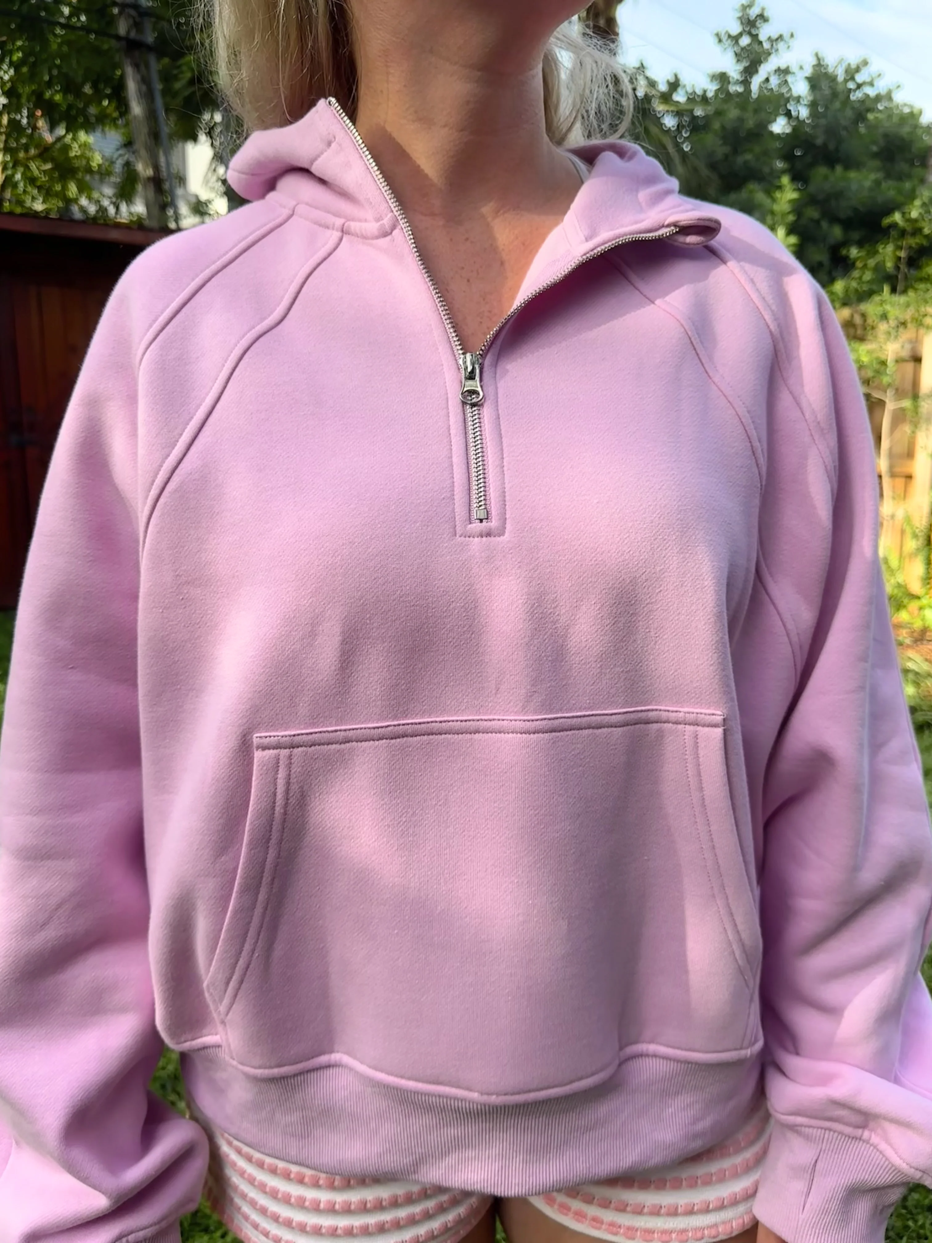 Pink Lavender  Pilates Detailed Waist Length Quarter Zip Hoodie - Image 8