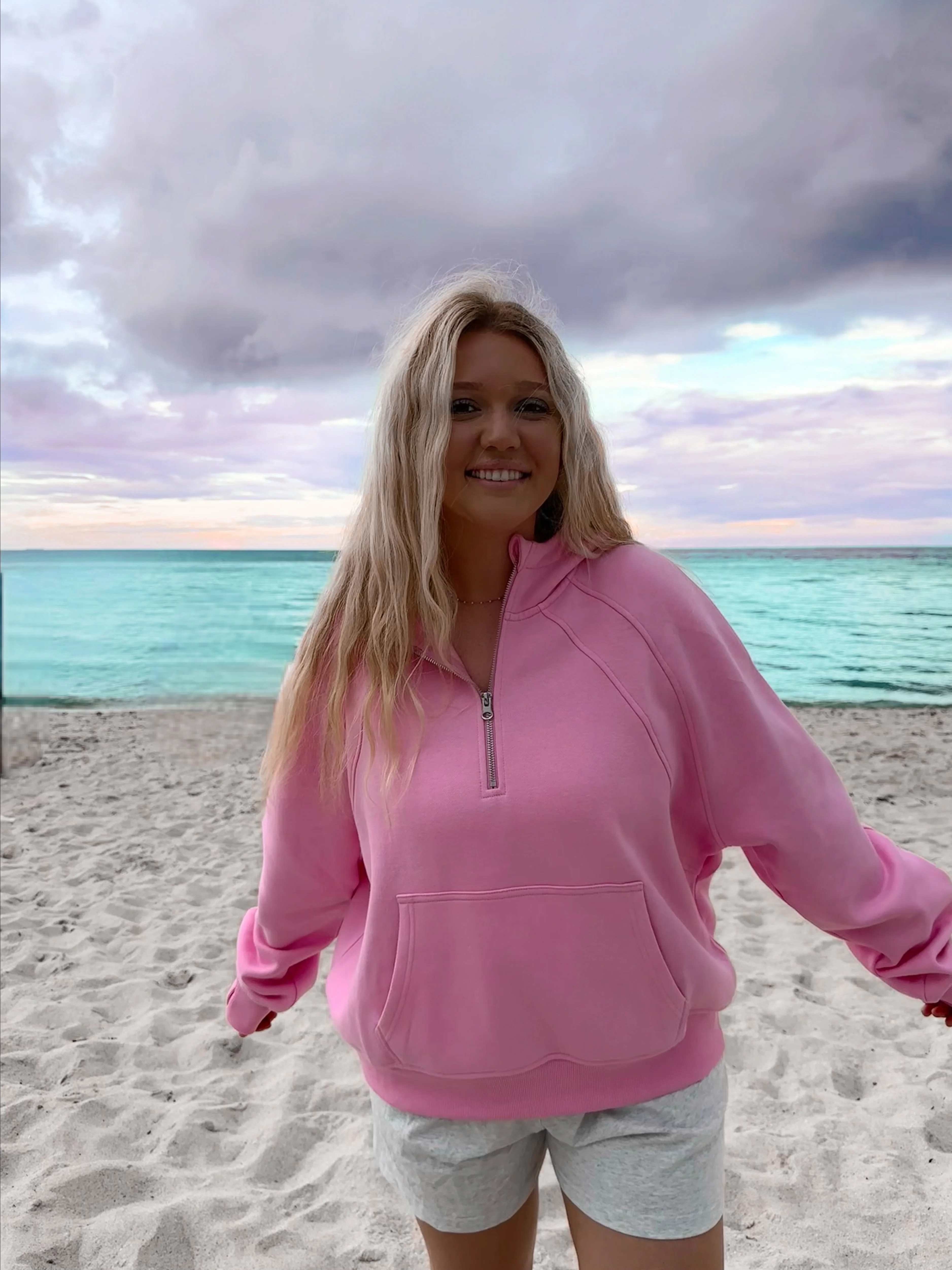 Sweet Pea Pink Pilates Detailed Waist Length Quarter Zip Hoodie - Image 2