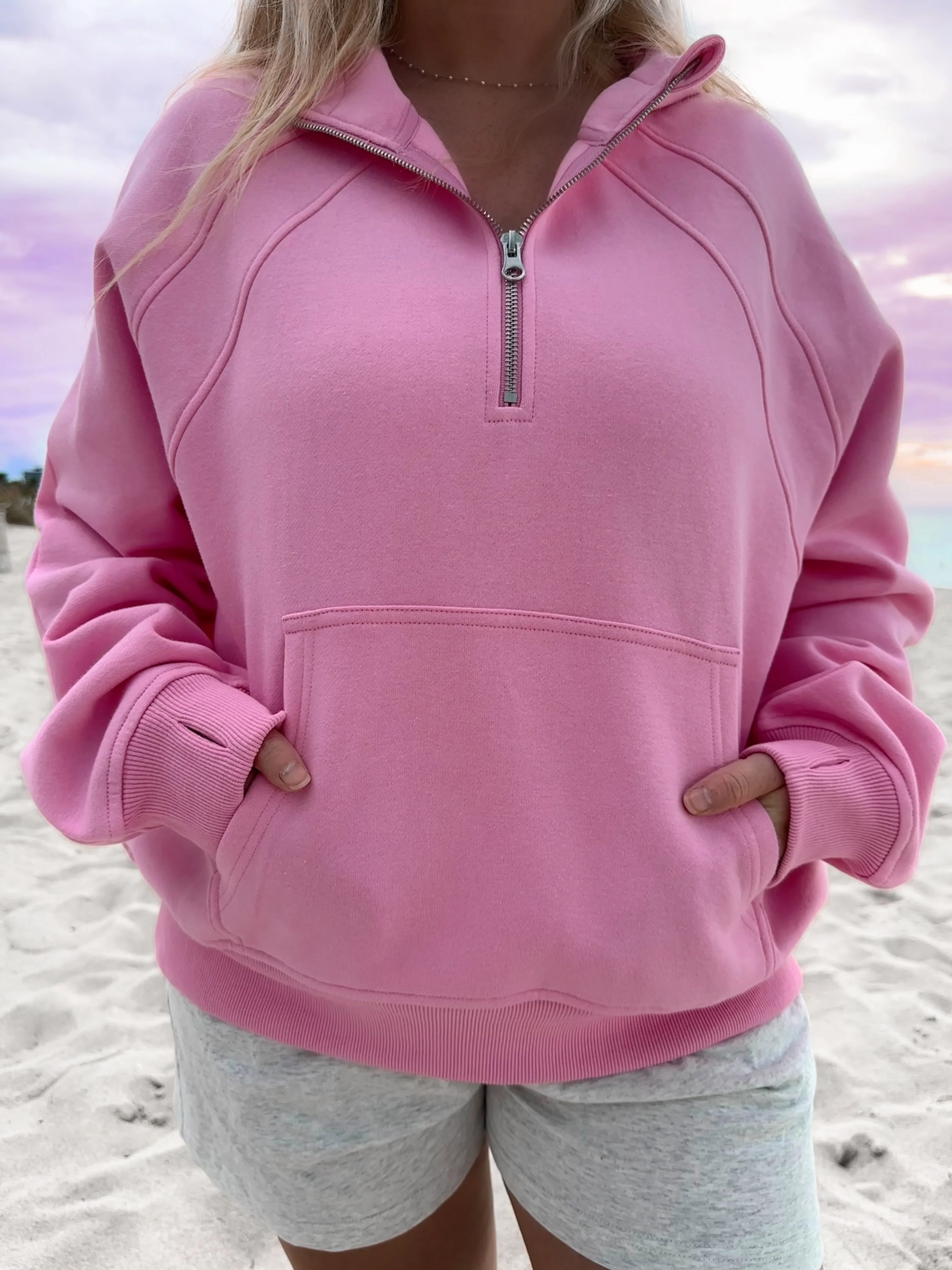 Sweet Pea Pink Pilates Detailed Waist Length Quarter Zip Hoodie - Image 4