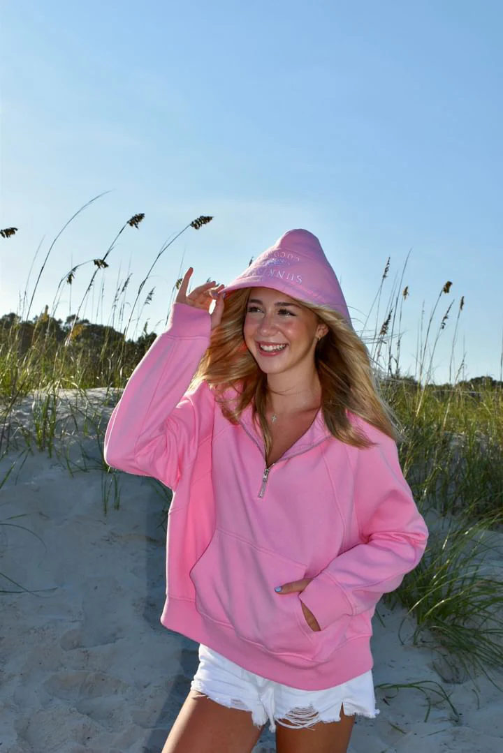 Sweet Pea Pink Pilates Detailed Waist Length Quarter Zip Hoodie - Image 5