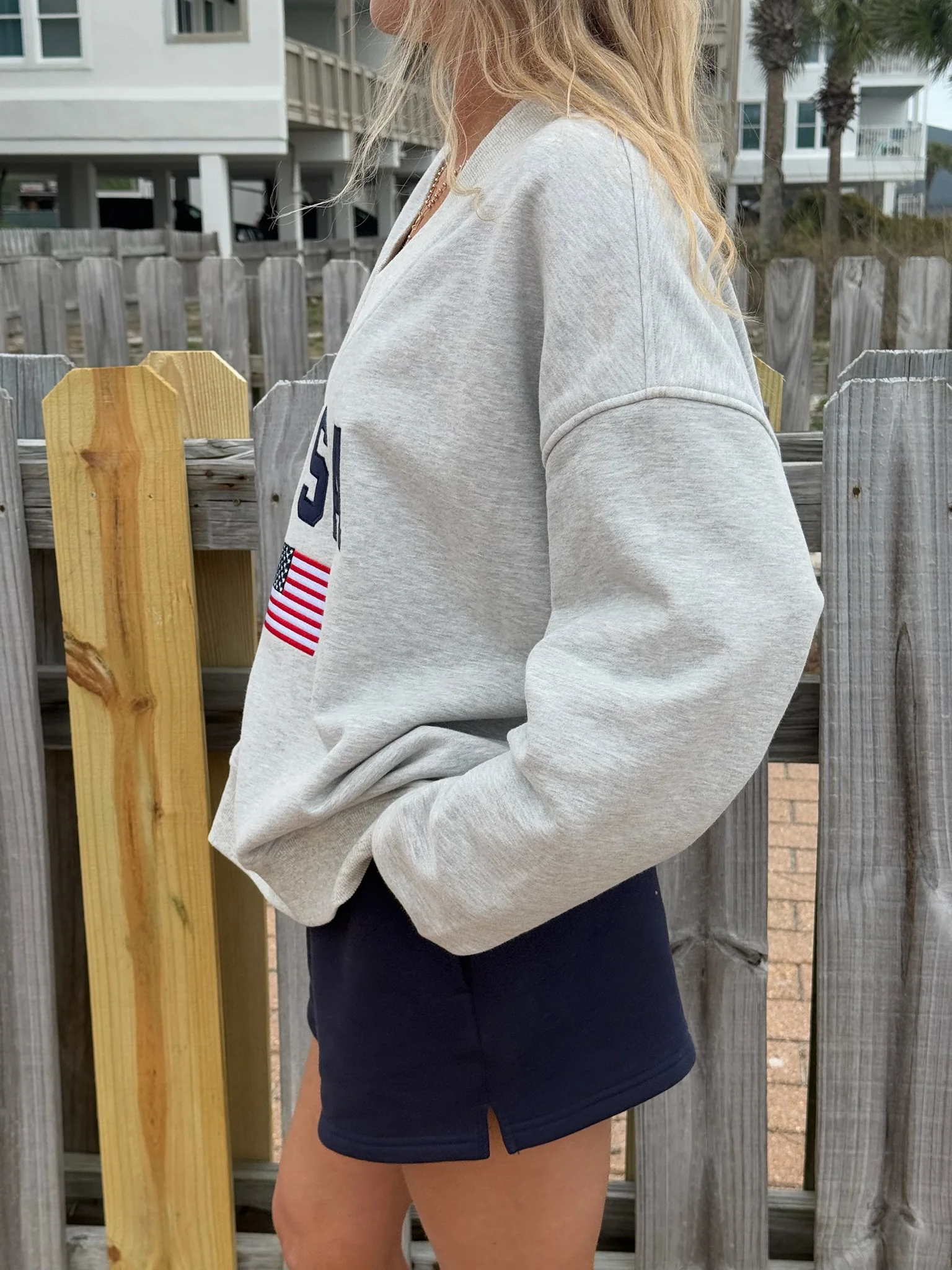 Afternoon Grey USA Flag Embroider V-Neck Sweatshirt - Image 3