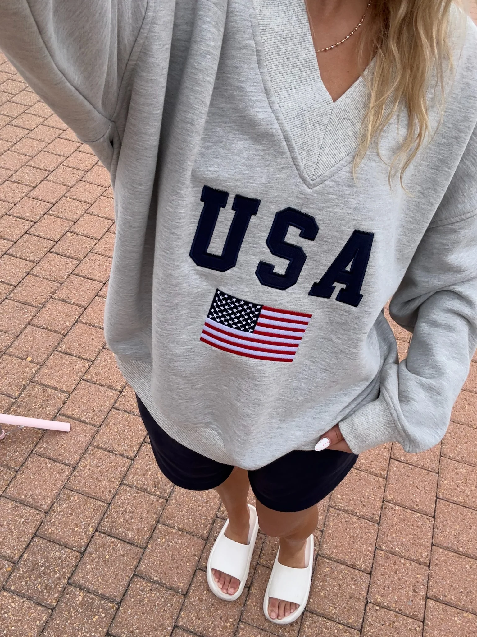 Afternoon Grey USA Flag Embroider V-Neck Sweatshirt - Image 4