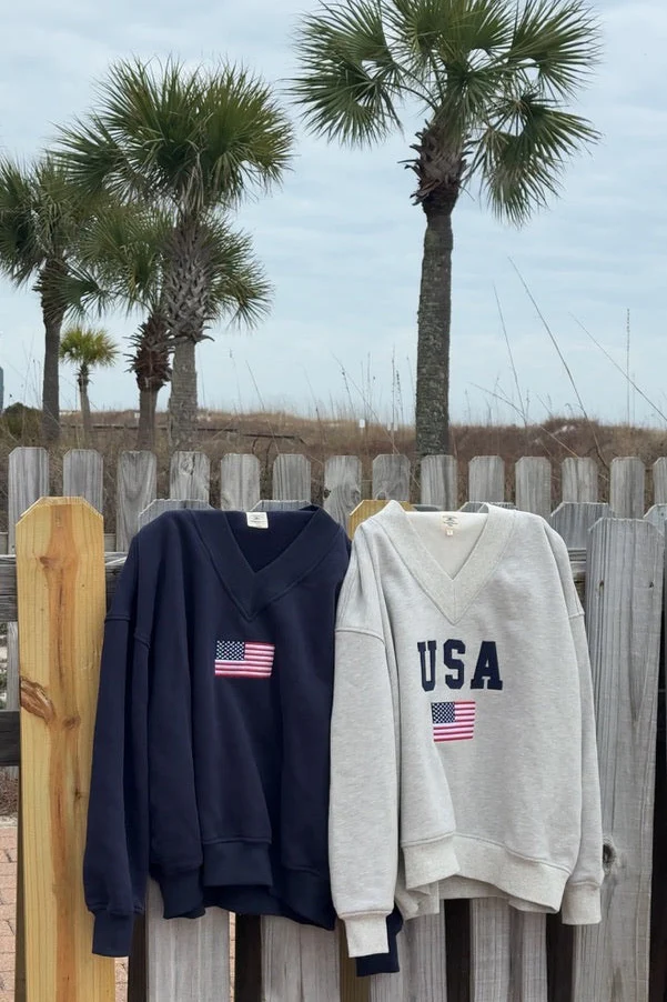 Afternoon Grey USA Flag Embroider V-Neck Sweatshirt - Image 6