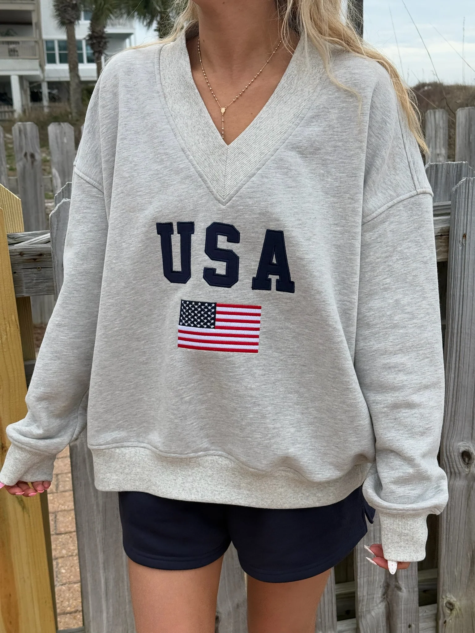 Afternoon Grey USA Flag Embroider V-Neck Sweatshirt - Image 7