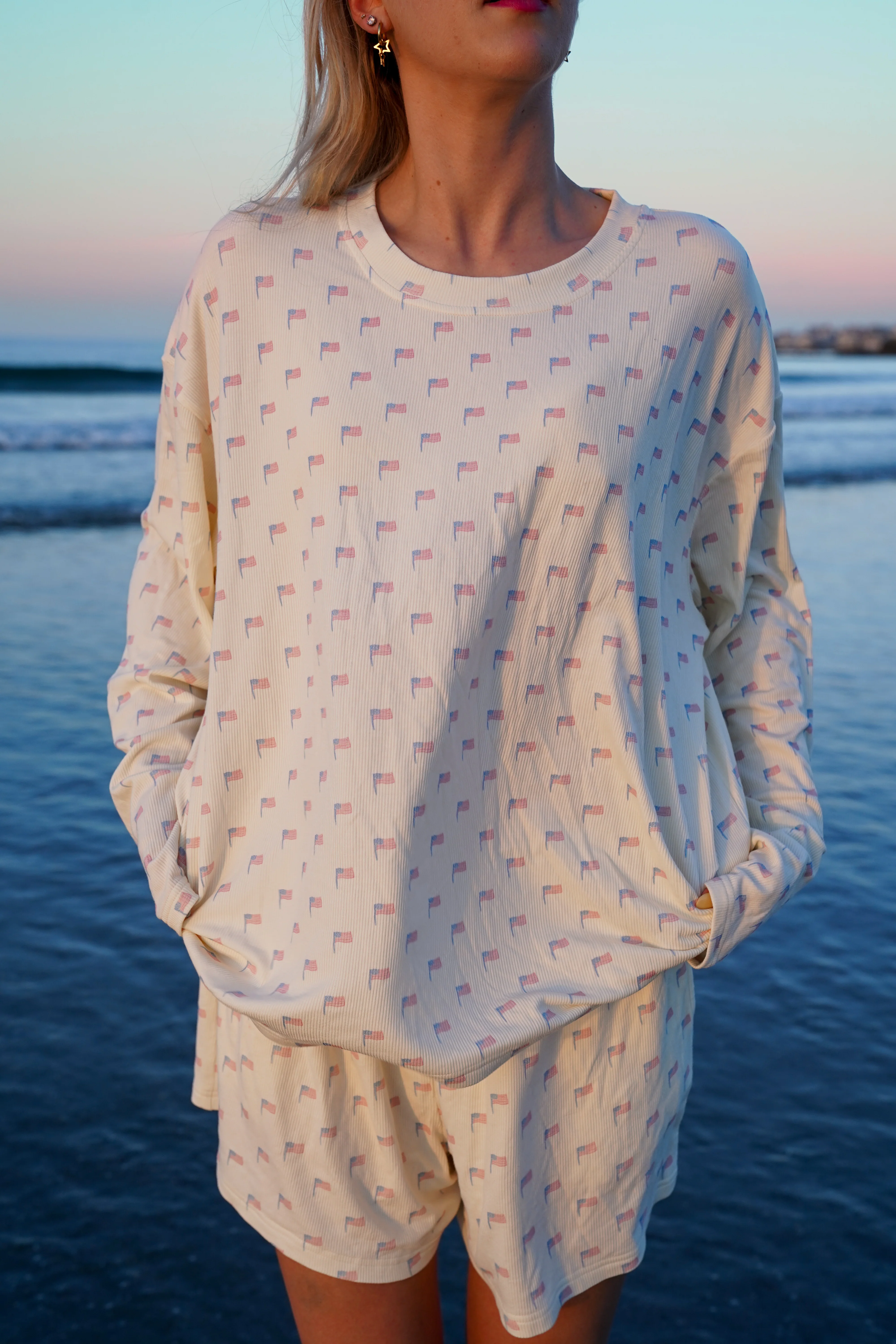Pale Yellow American Flag Pajama Pattern Top - Image 13