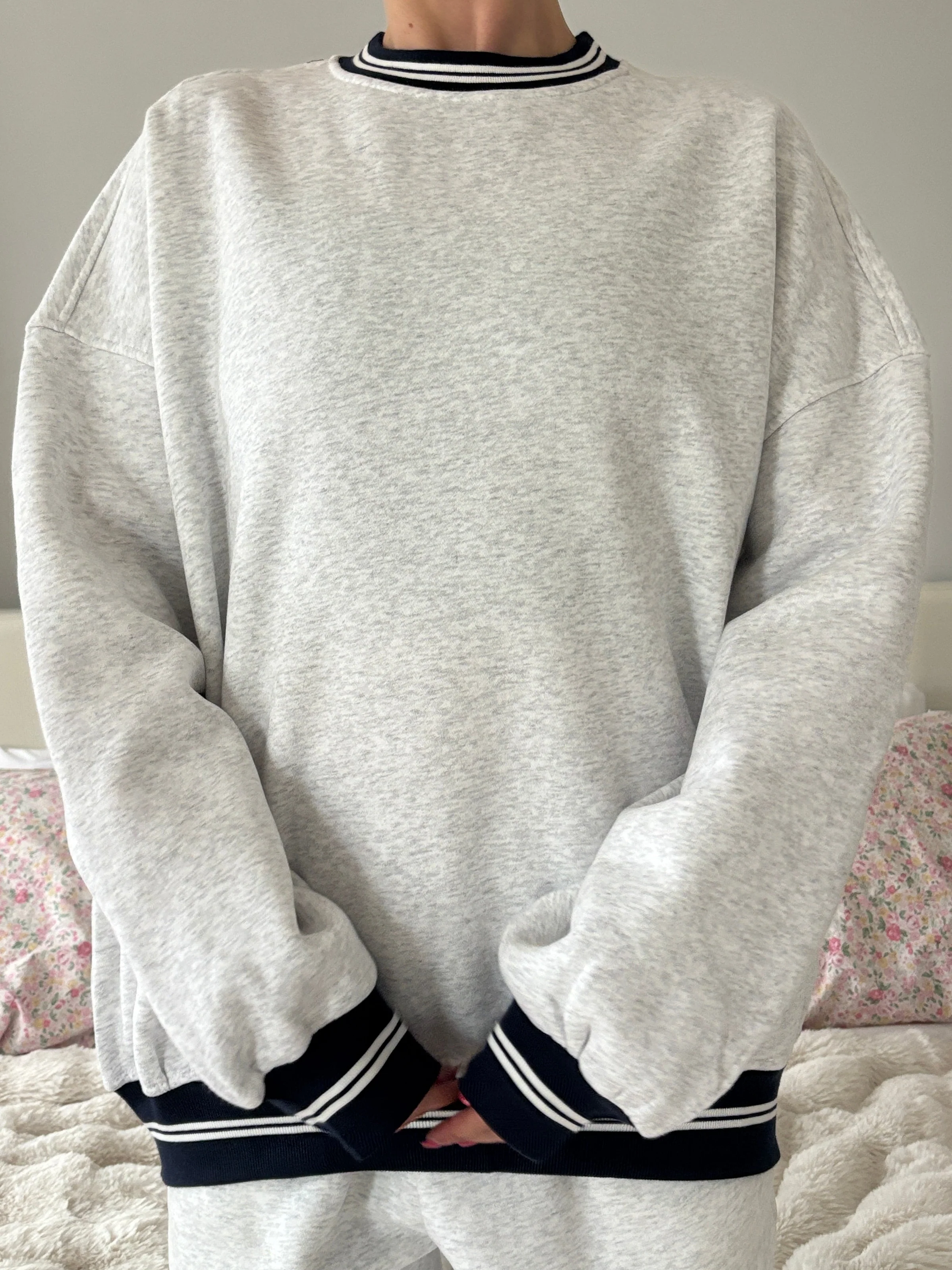 Blank Pearl Grey And Black Preppy Crew Sweatshirt - Image 6