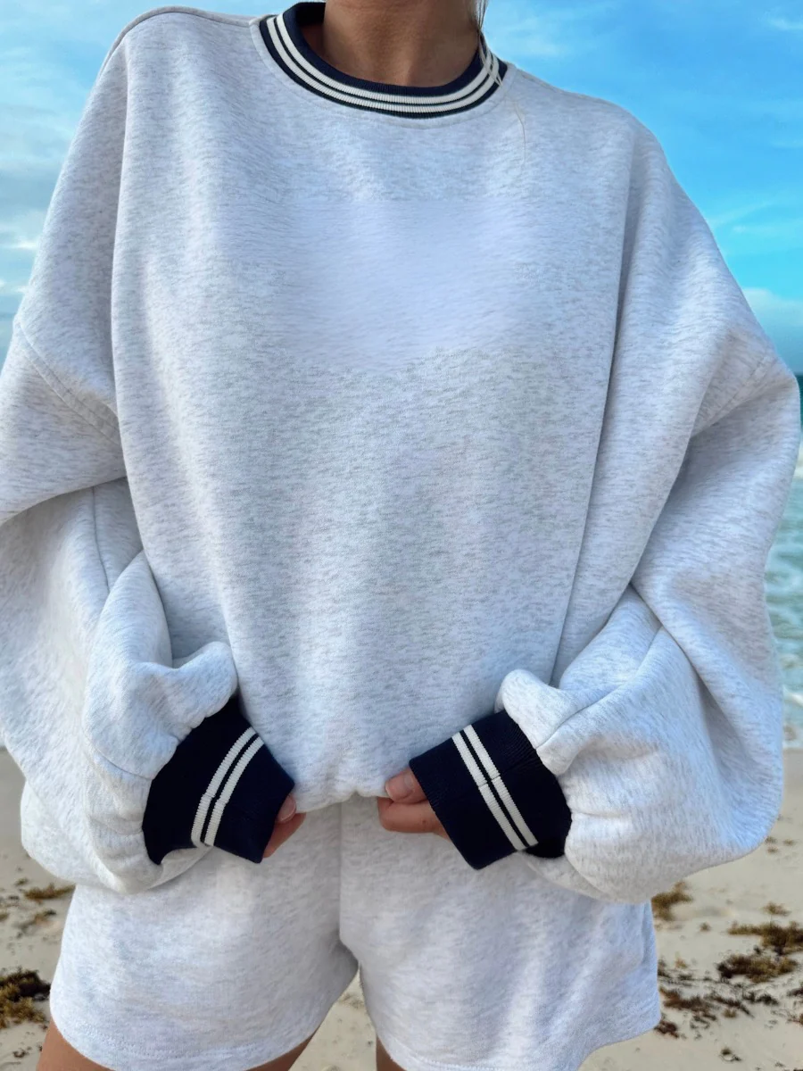 Blank Pearl Grey And Navy Preppy Crew Sweatshirt - Image 4