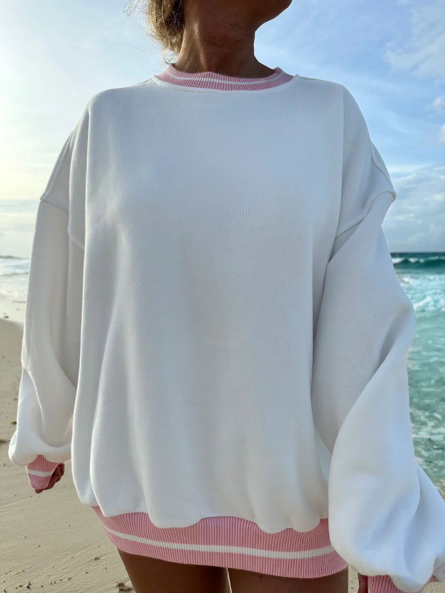 Blank White And Pink Preppy Crew Sweatshirt - Image 2