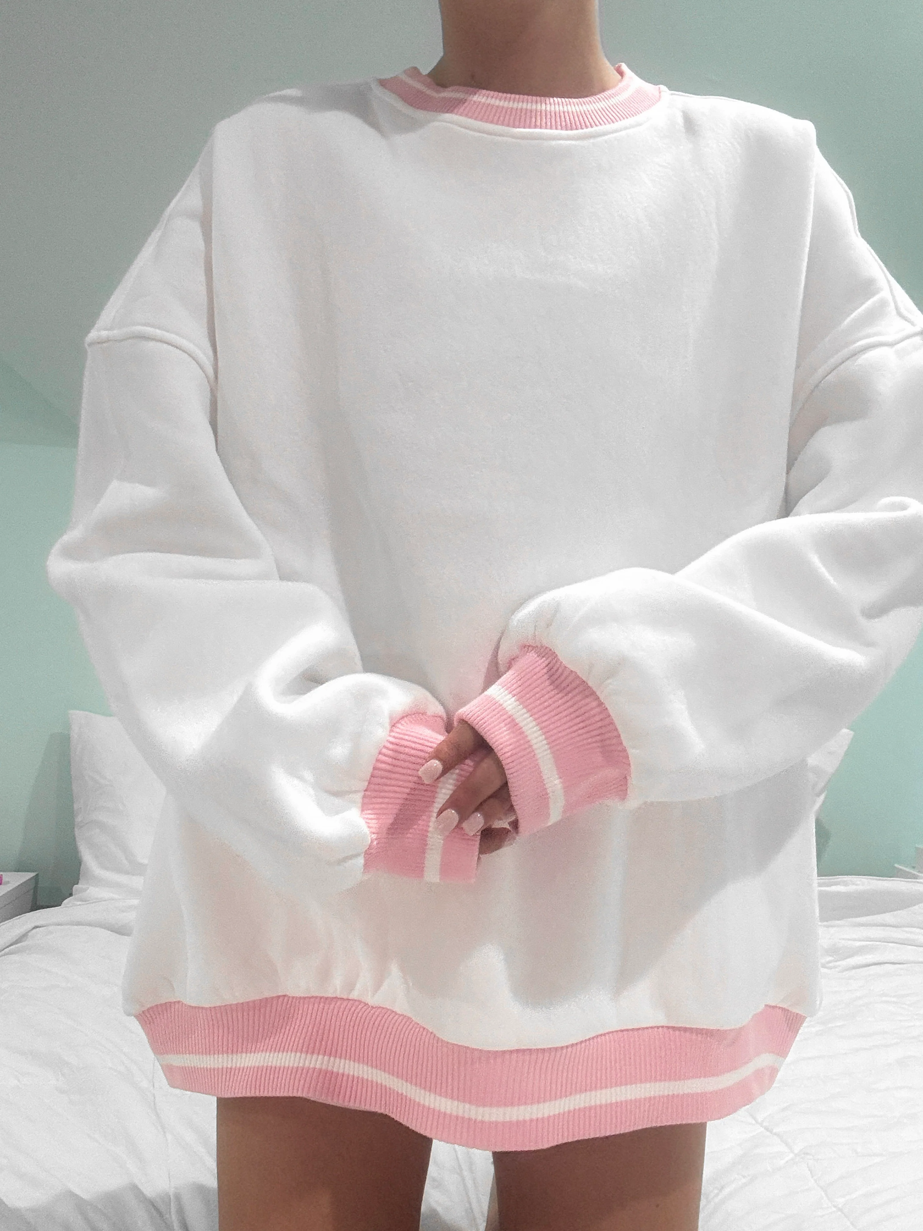 Blank White And Pink Preppy Crew Sweatshirt - Image 3