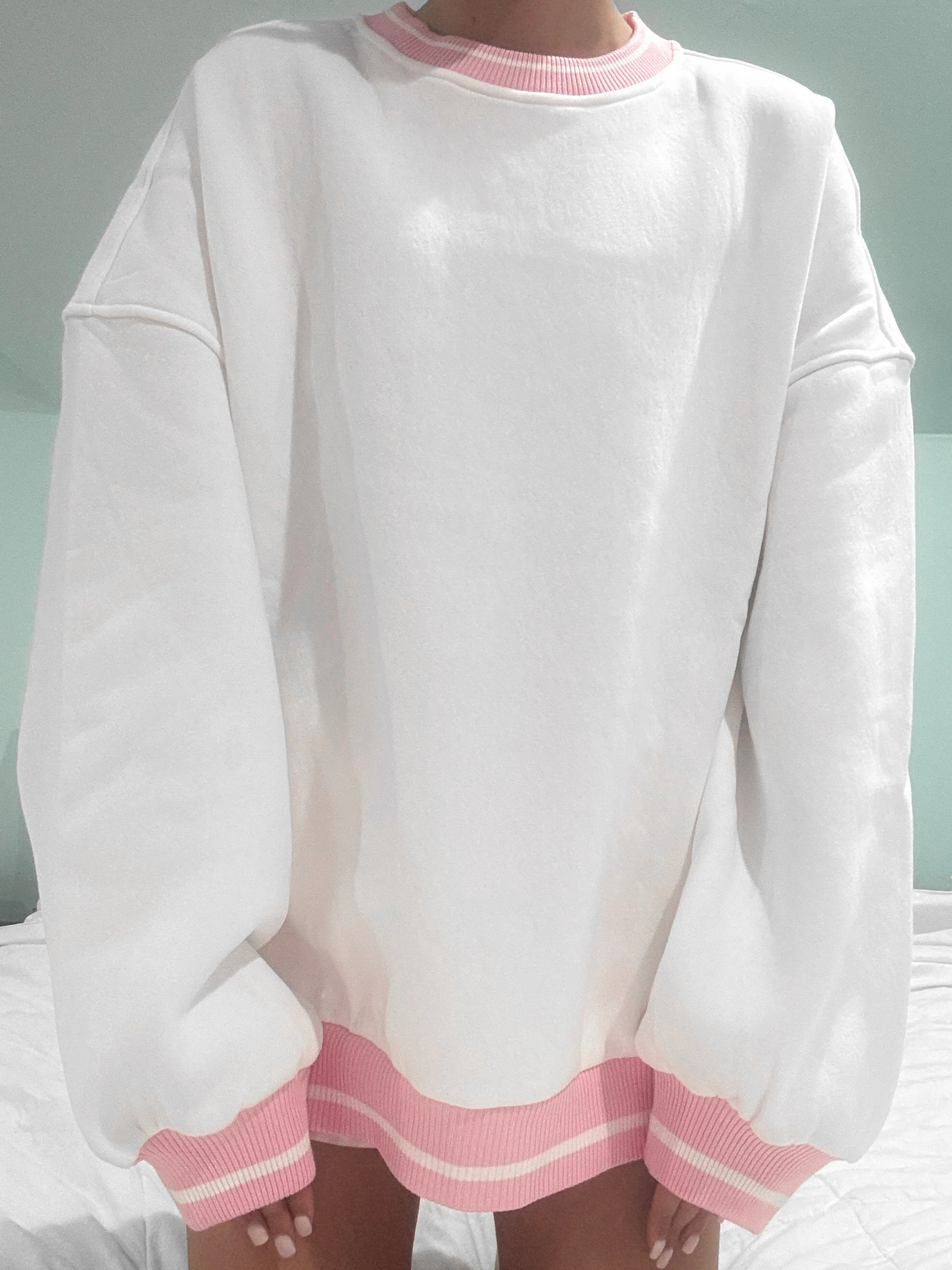 Blank White And Pink Preppy Crew Sweatshirt - Image 4