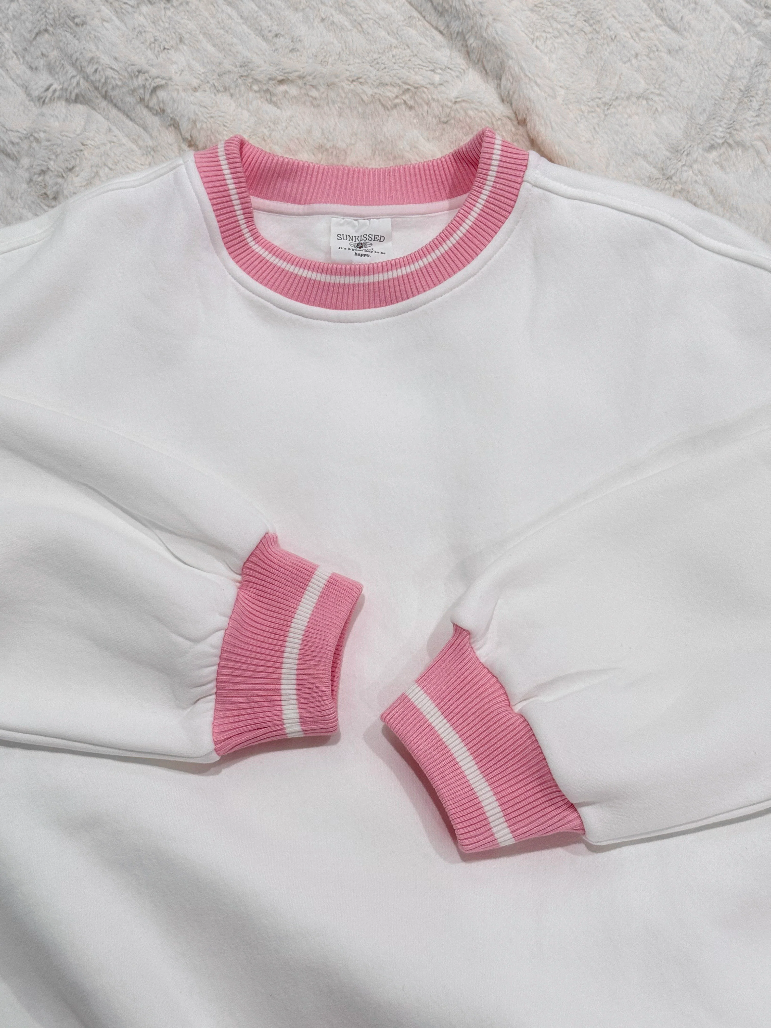 Blank White And Pink Preppy Crew Sweatshirt - Image 5