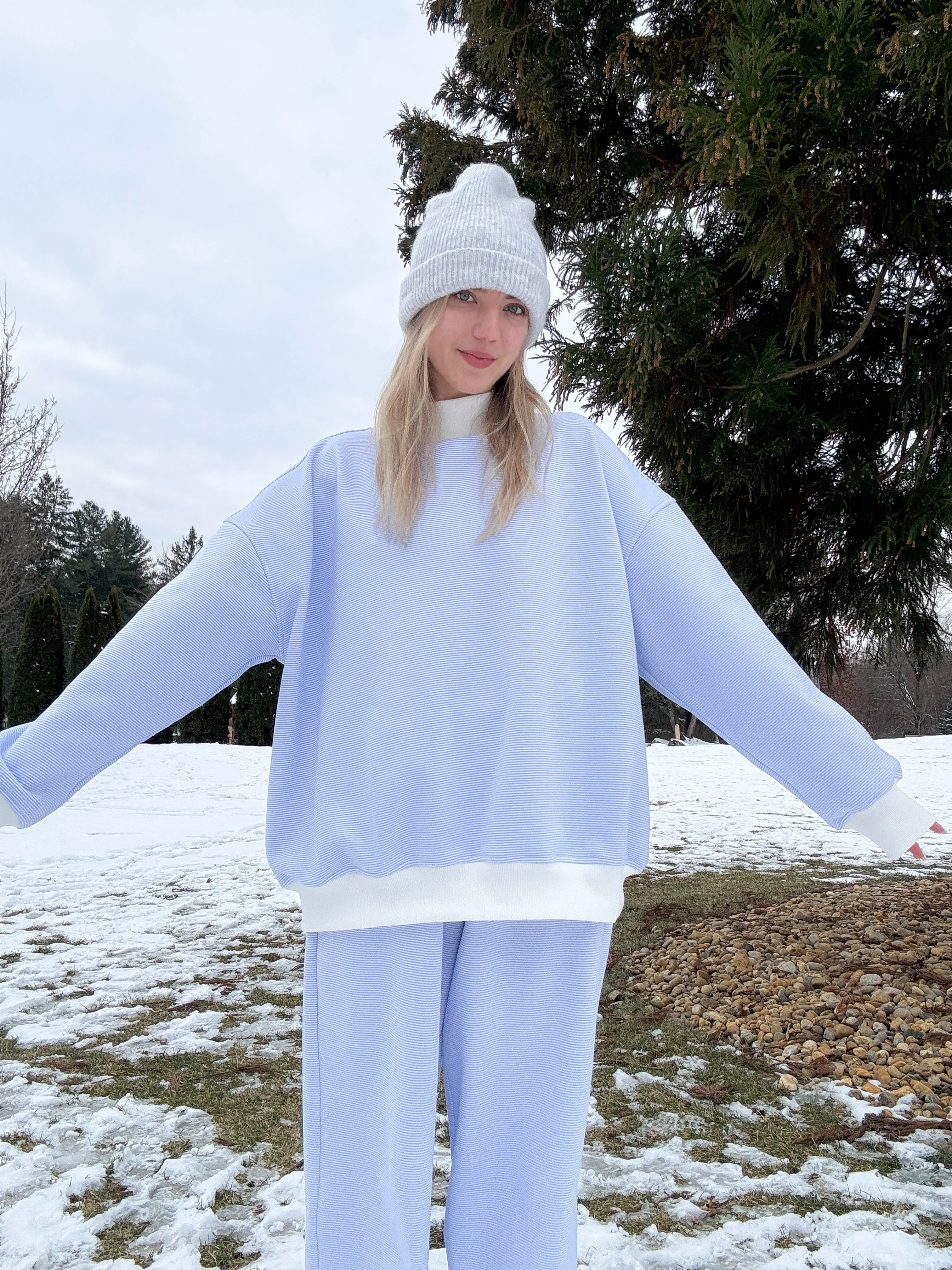 Blue and White Mini Striped Mockneck Sweatshirt - Image 13