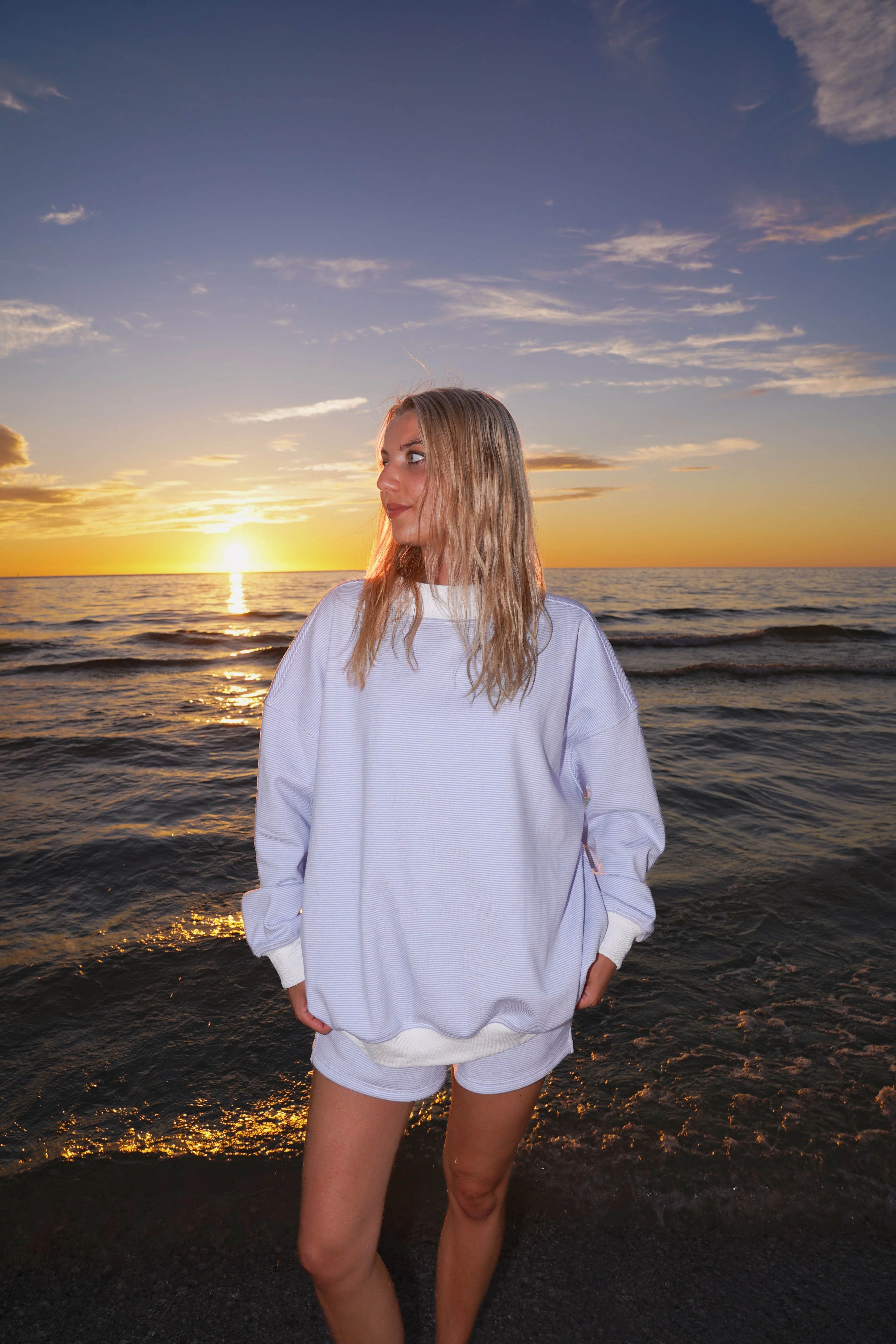 Blue and White Mini Striped Mockneck Sweatshirt - Image 28