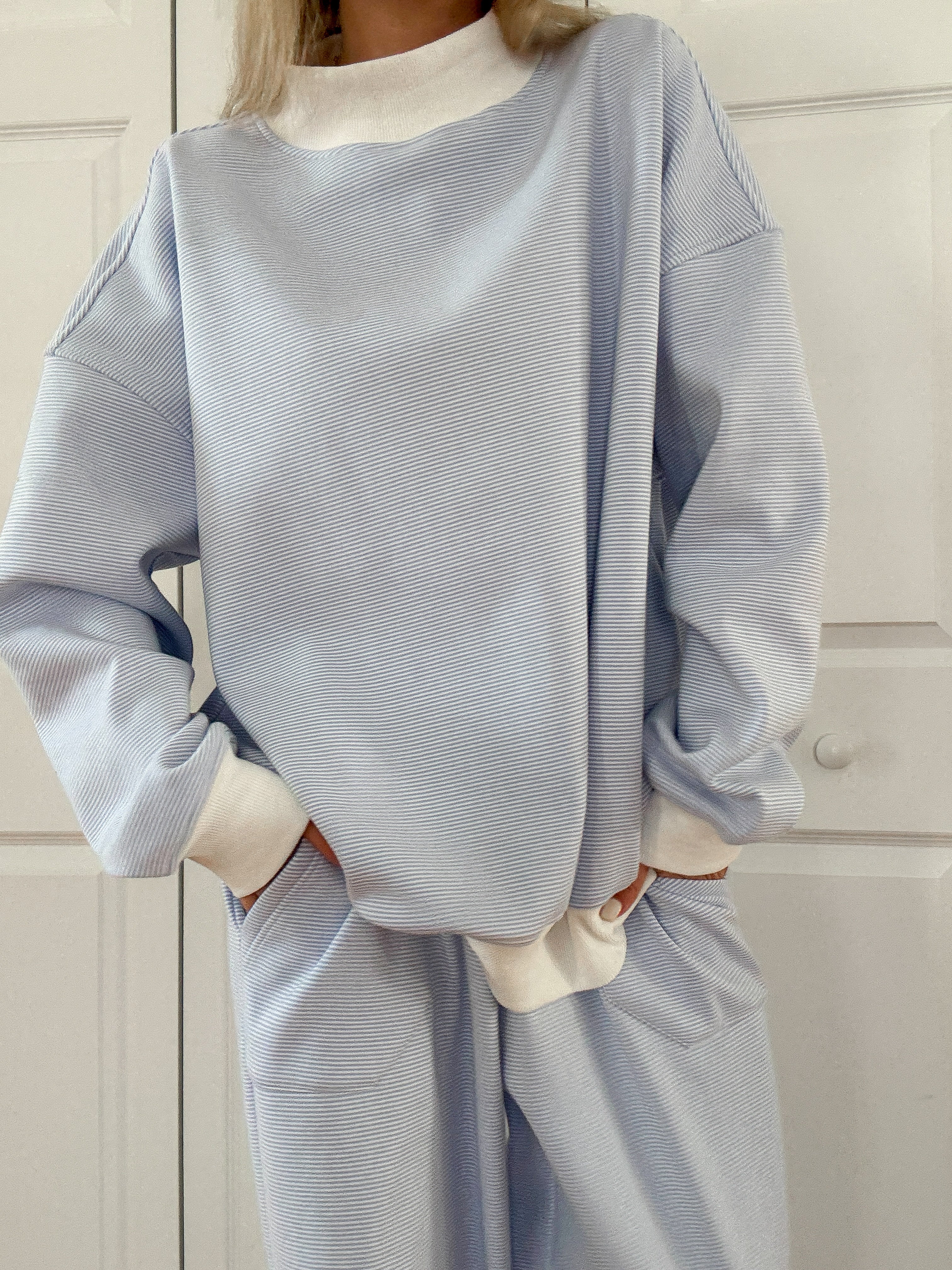 Blue and White Mini Striped Mockneck Sweatshirt - Image 4