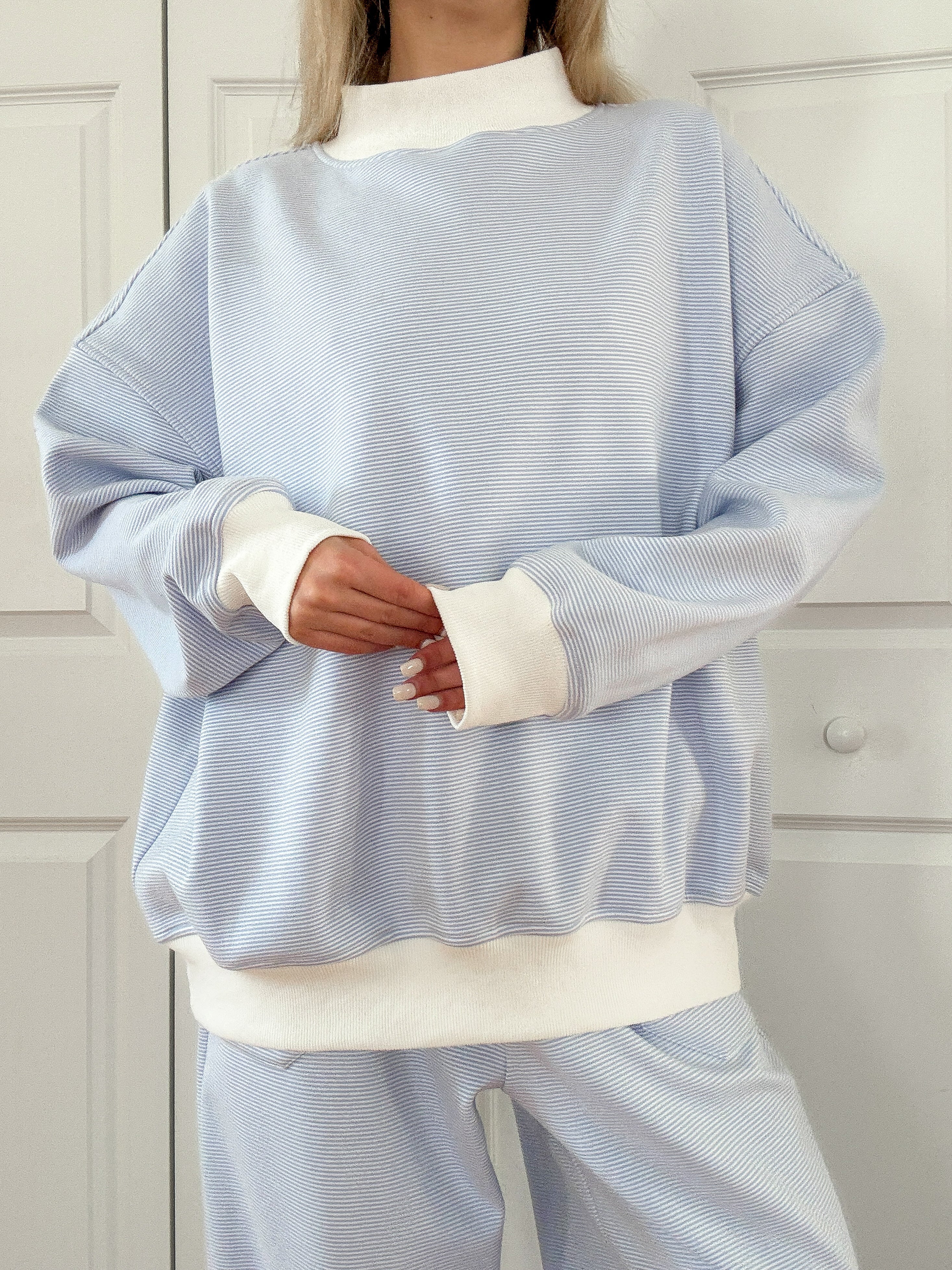 Blue and White Mini Striped Mockneck Sweatshirt - Image 5