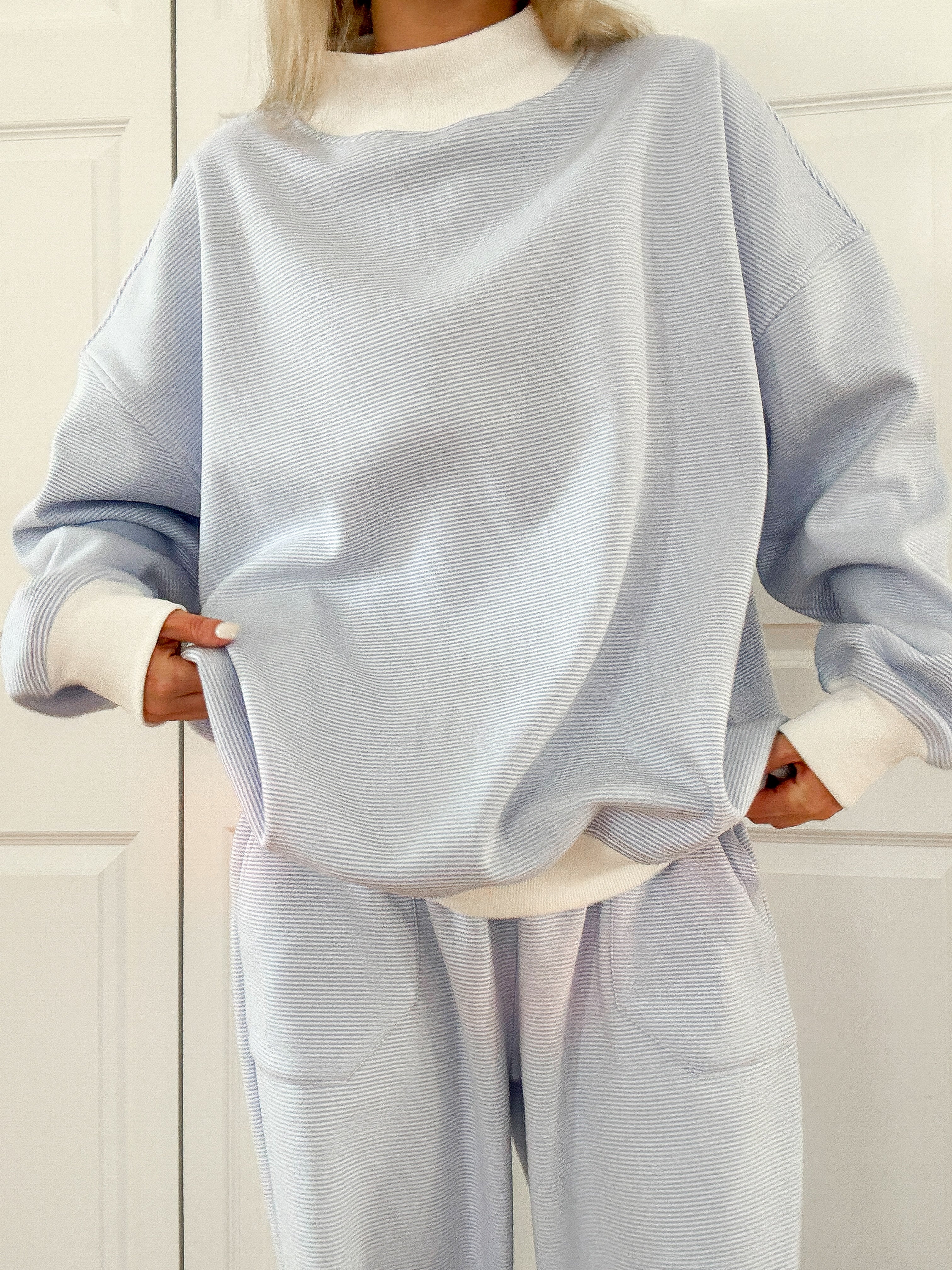 Blue and White Mini Striped Mockneck Sweatshirt - Image 6