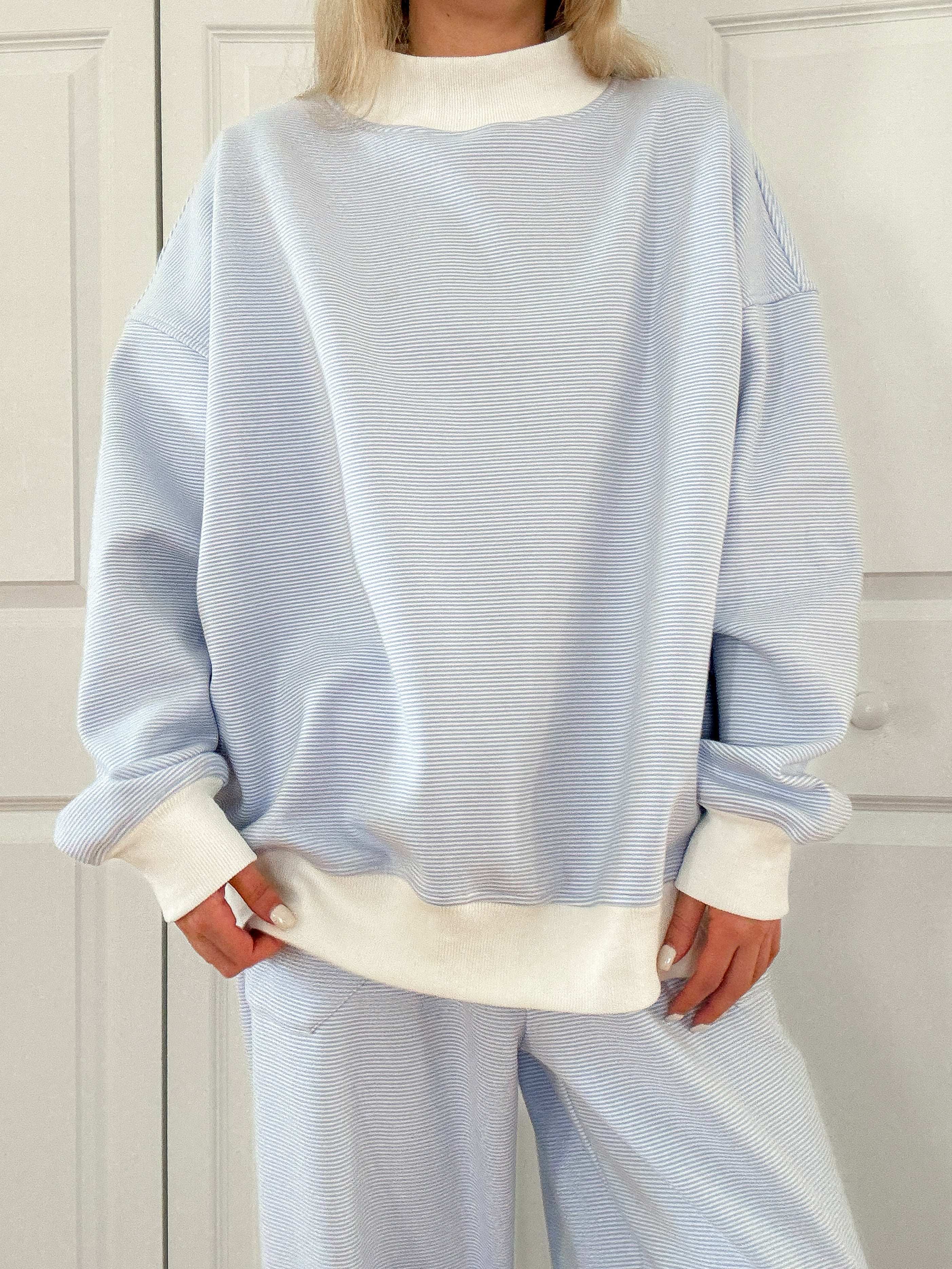 Blue and White Mini Striped Mockneck Sweatshirt - Image 7