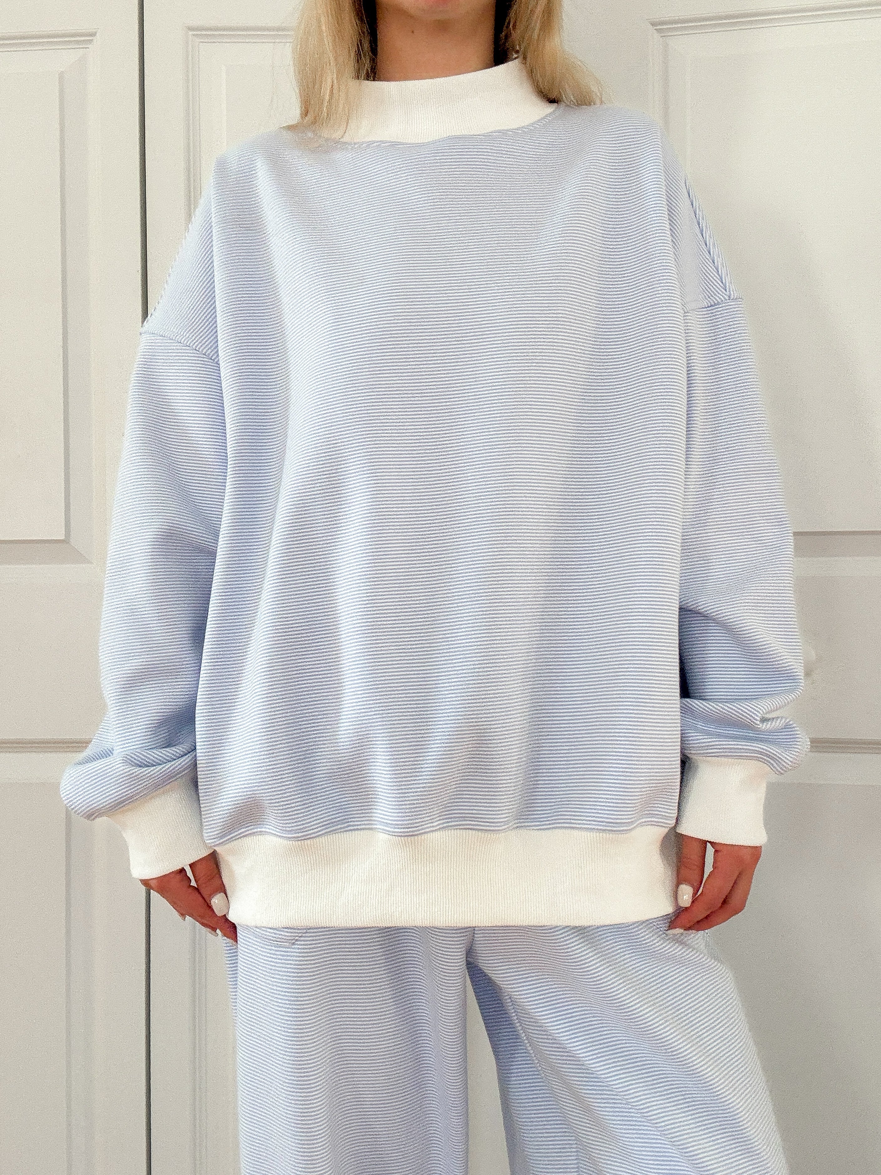 Blue and White Mini Striped Mockneck Sweatshirt - Image 8
