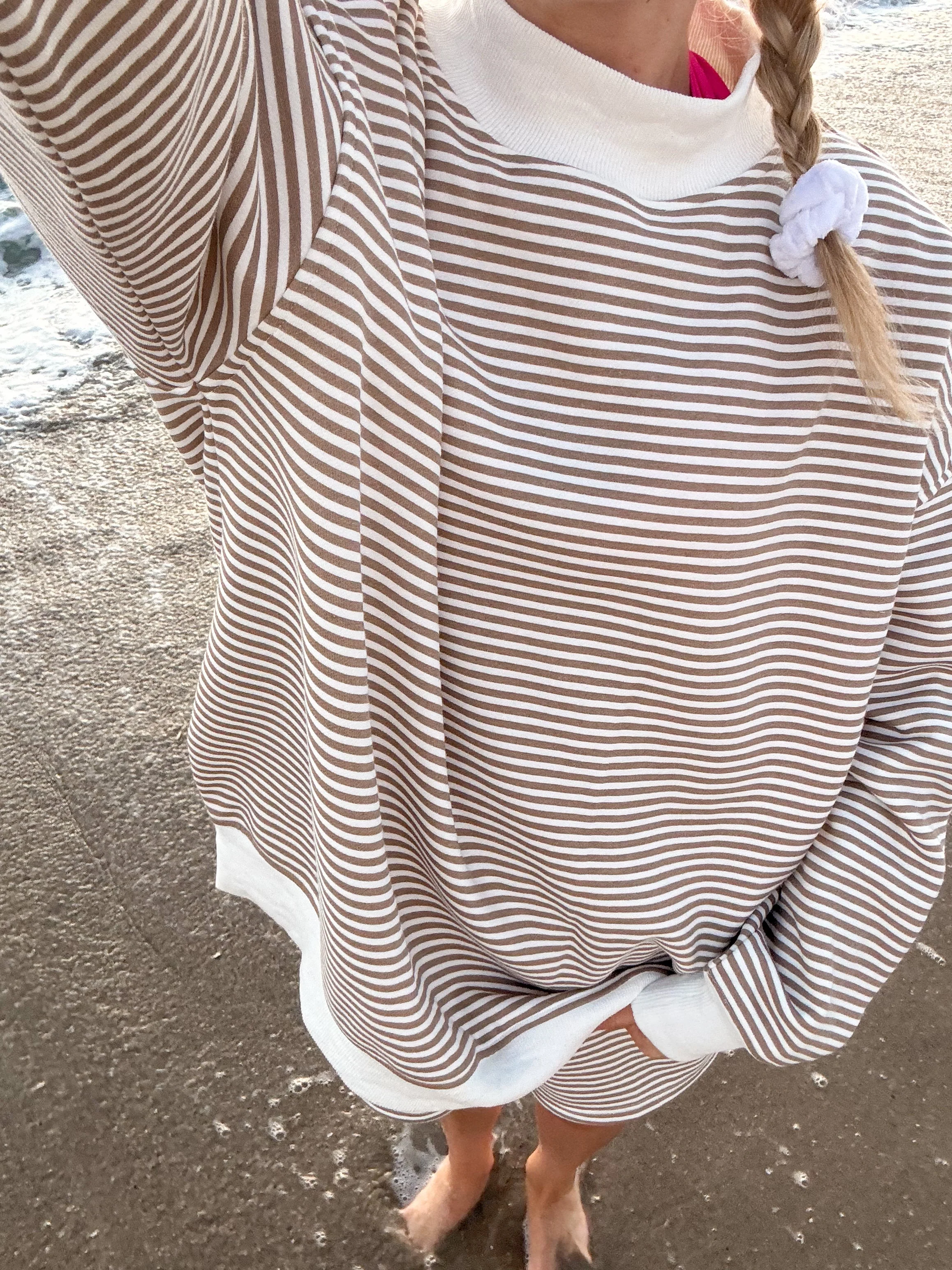 Brown and White Big Striped Mockneck Sweatshirt - Image 10