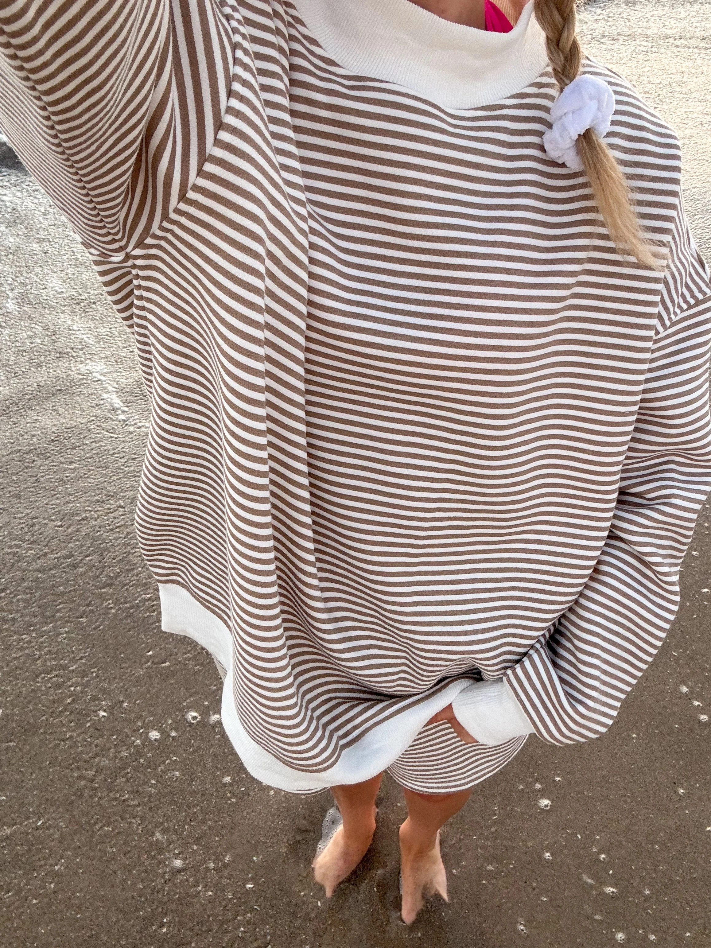 Brown and White Big Striped Mockneck Sweatshirt - Image 11
