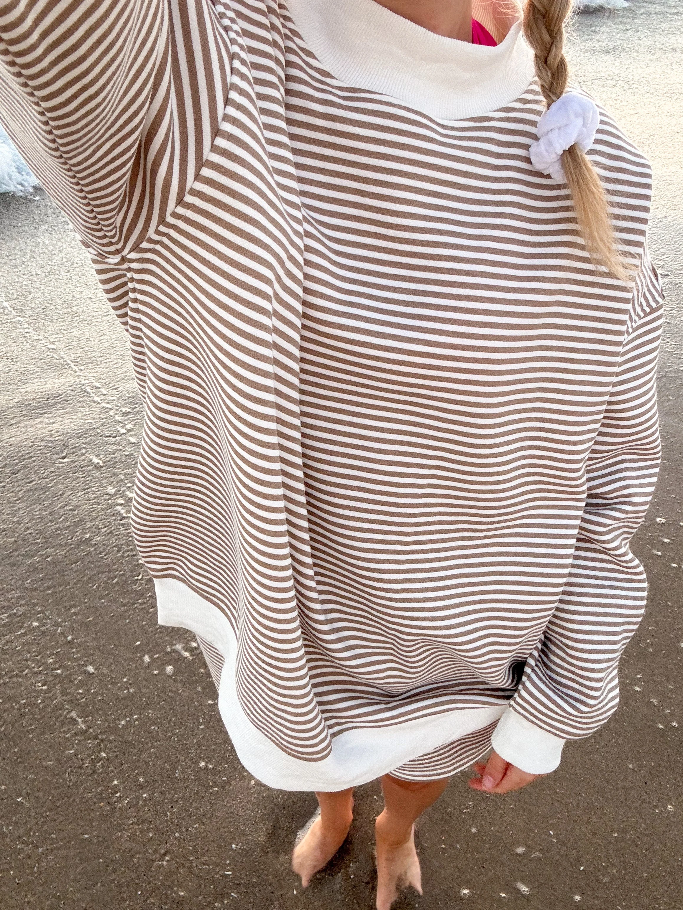 Brown and White Big Striped Mockneck Sweatshirt - Image 12
