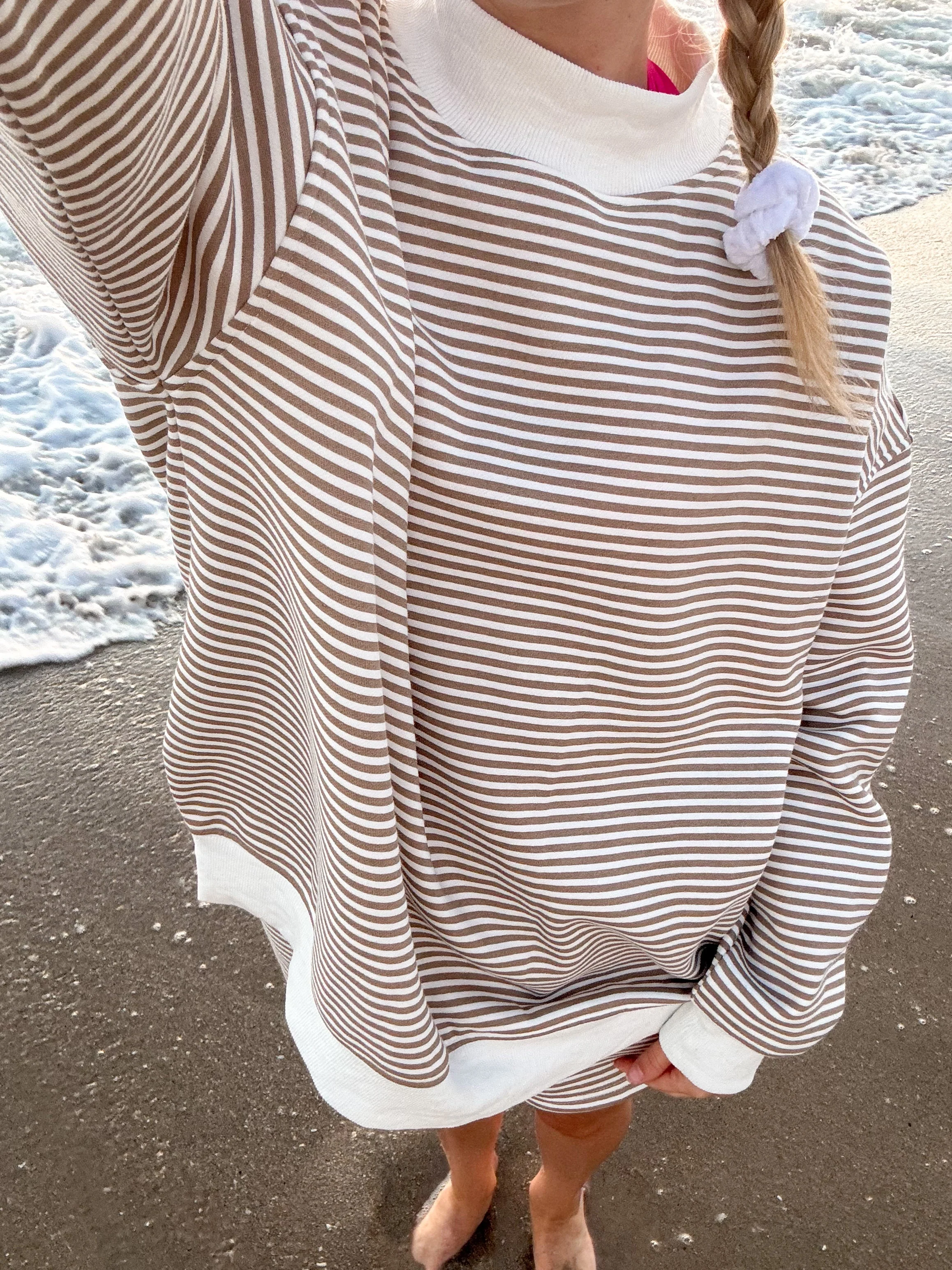 Brown and White Big Striped Mockneck Sweatshirt - Image 13
