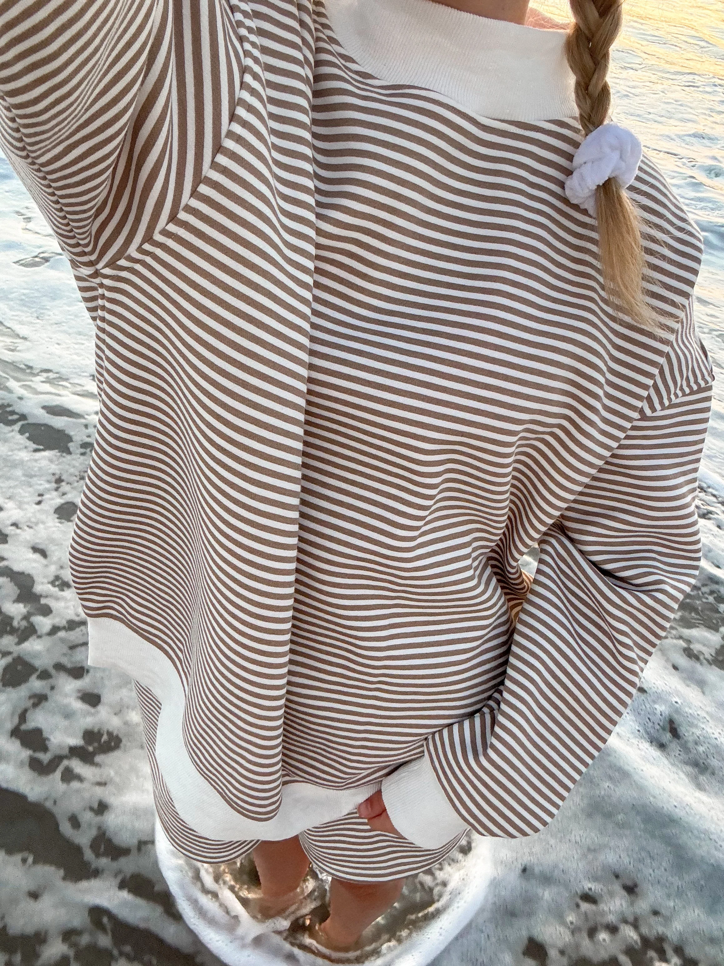 Brown and White Big Striped Mockneck Sweatshirt - Image 16