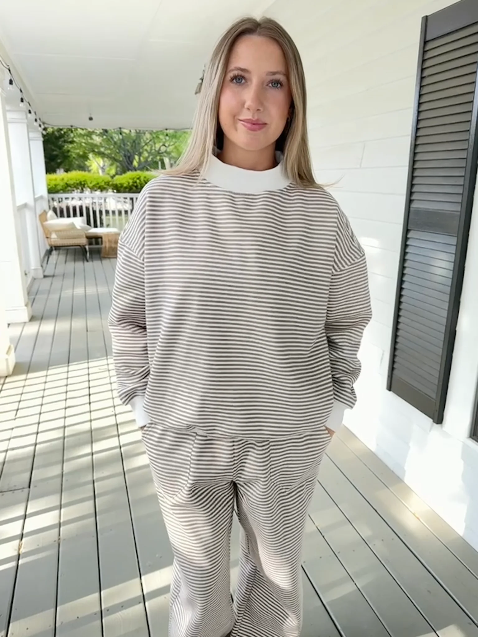 Brown and White Big Striped Mockneck Sweatshirt - Image 17