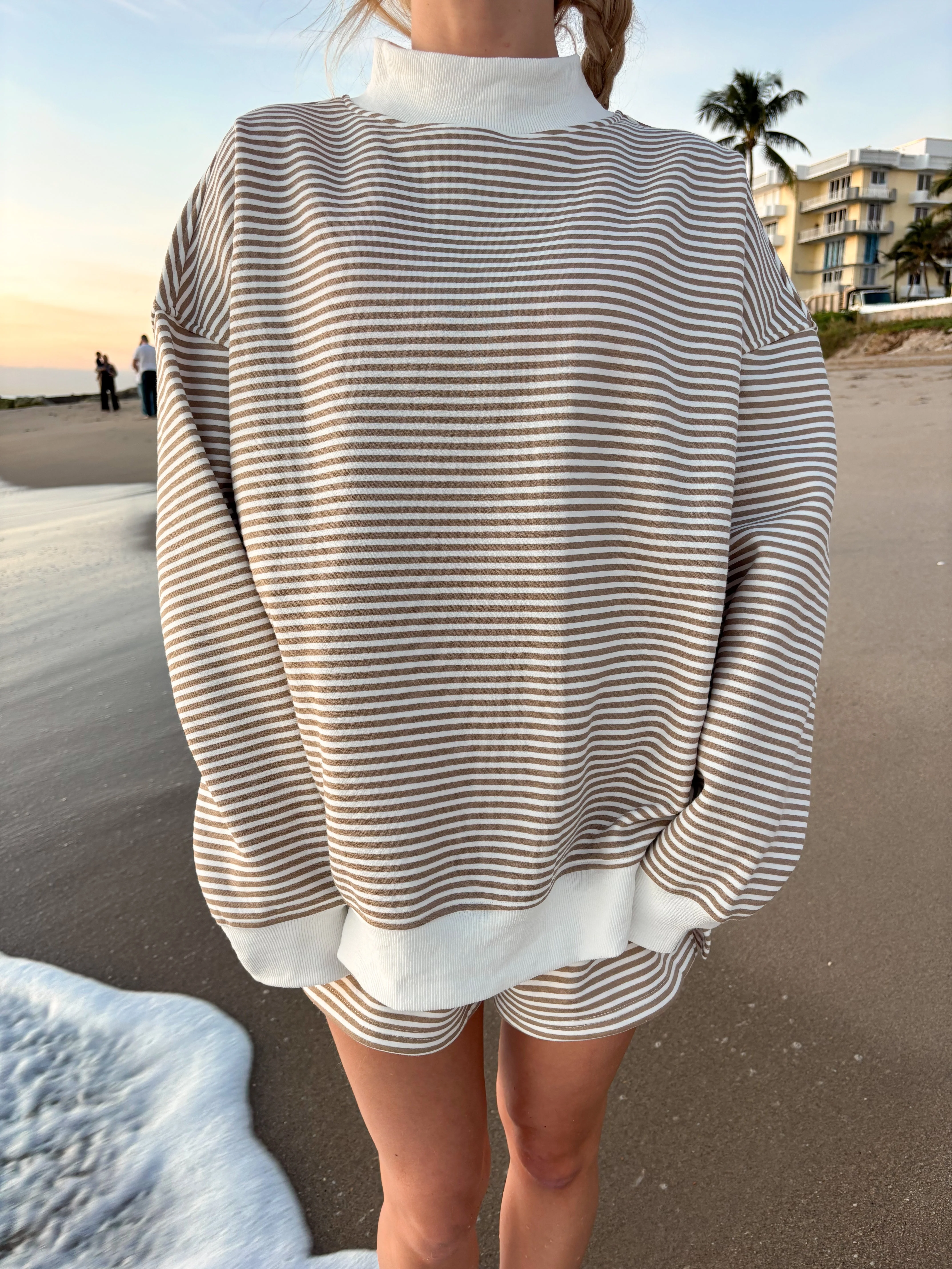 Brown and White Big Striped Mockneck Sweatshirt - Image 3