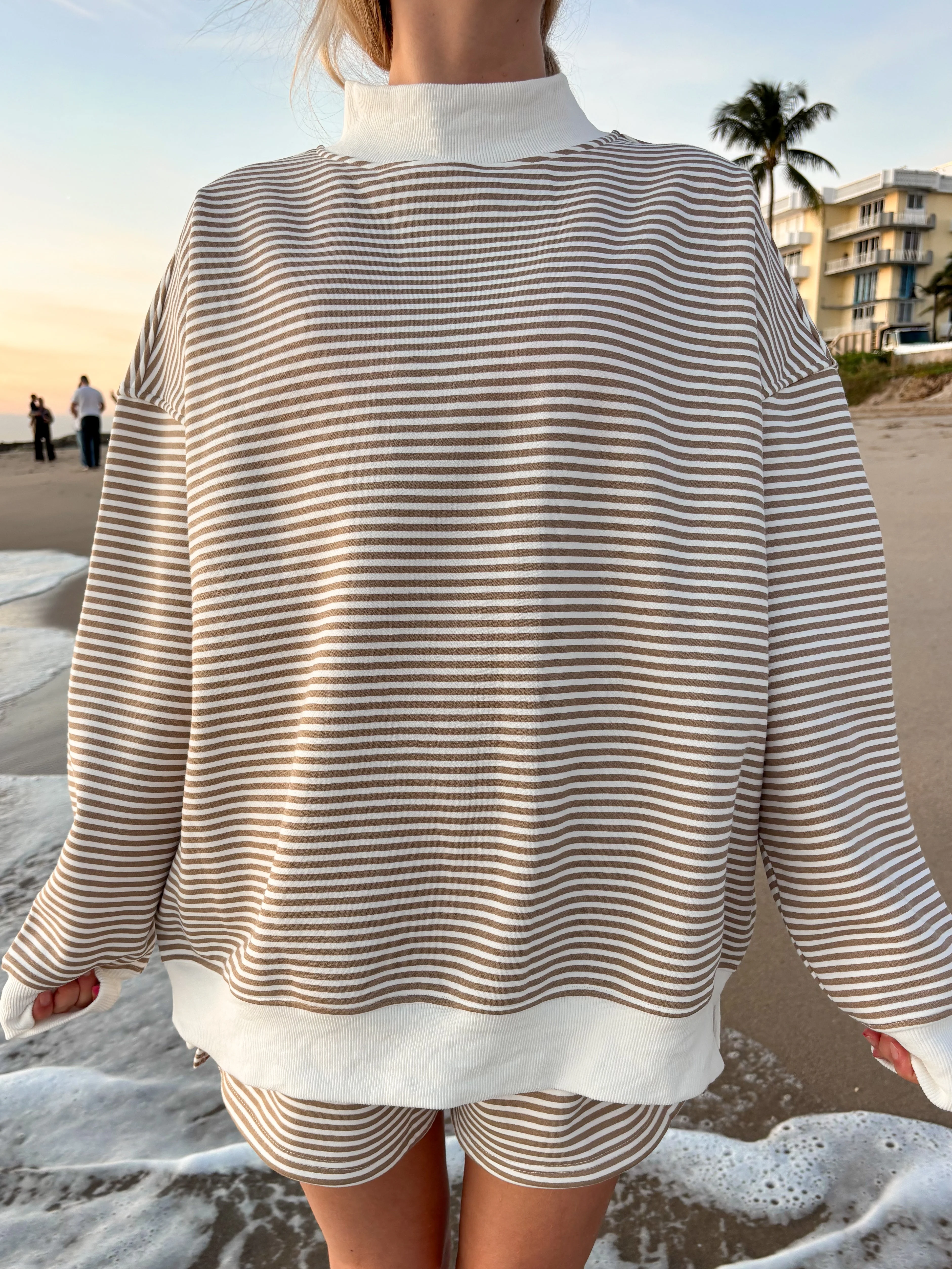 Brown and White Big Striped Mockneck Sweatshirt - Image 5