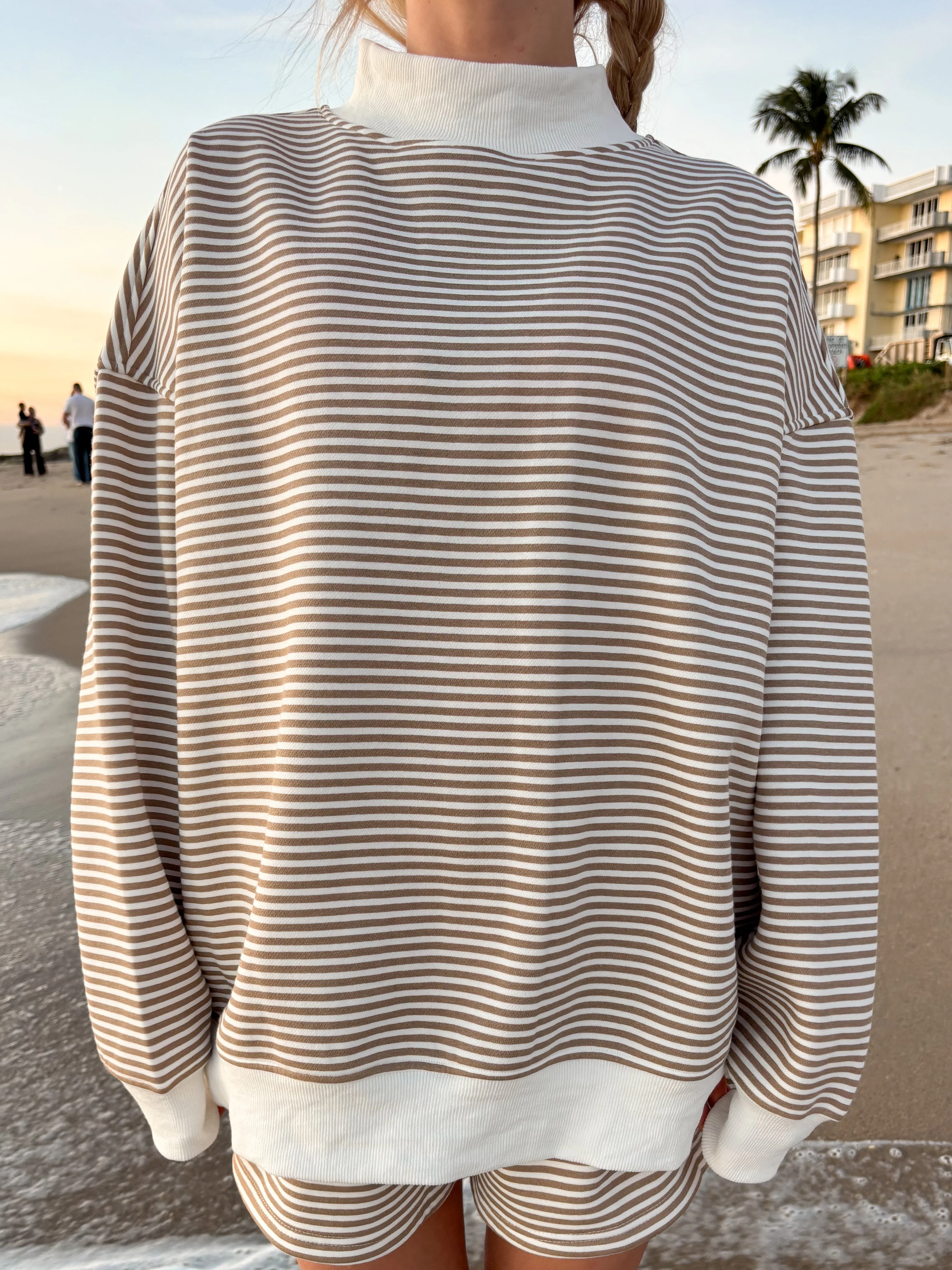 Brown and White Big Striped Mockneck Sweatshirt - Image 6