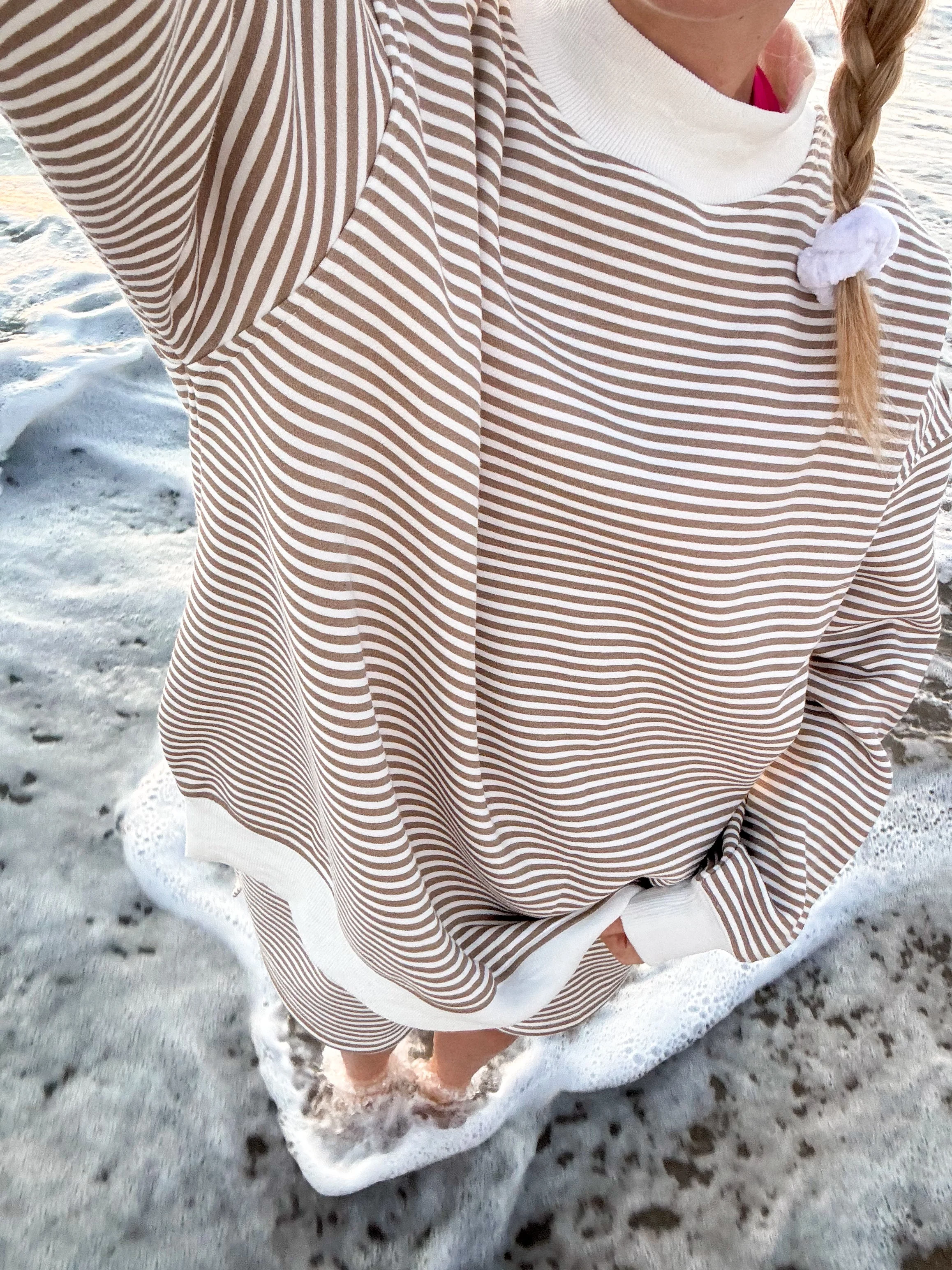 Brown and White Big Striped Mockneck Sweatshirt - Image 8