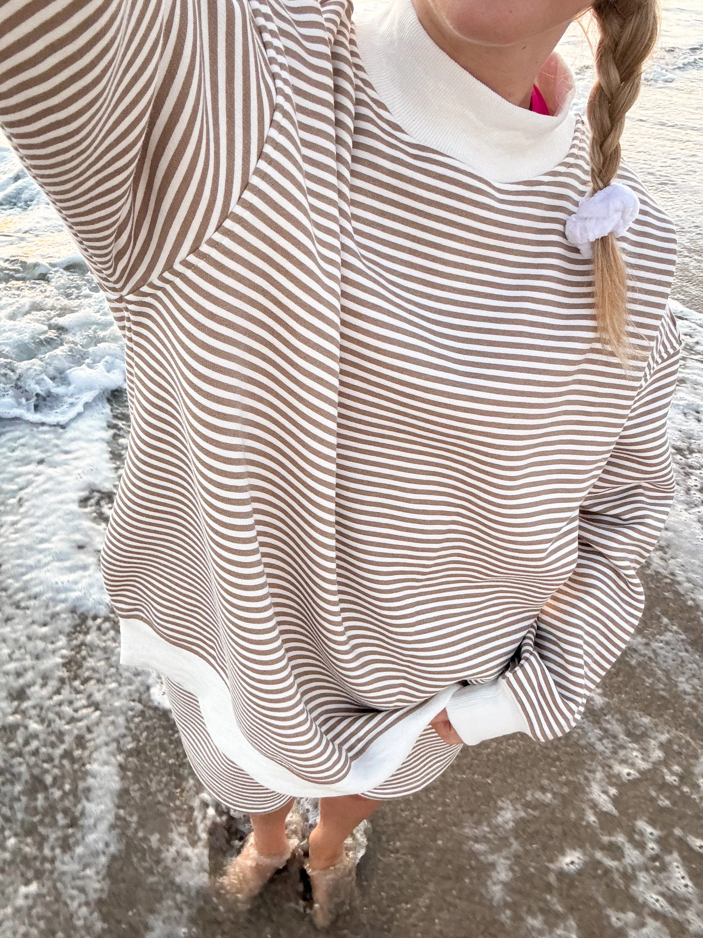 Brown and White Big Striped Mockneck Sweatshirt - Image 9