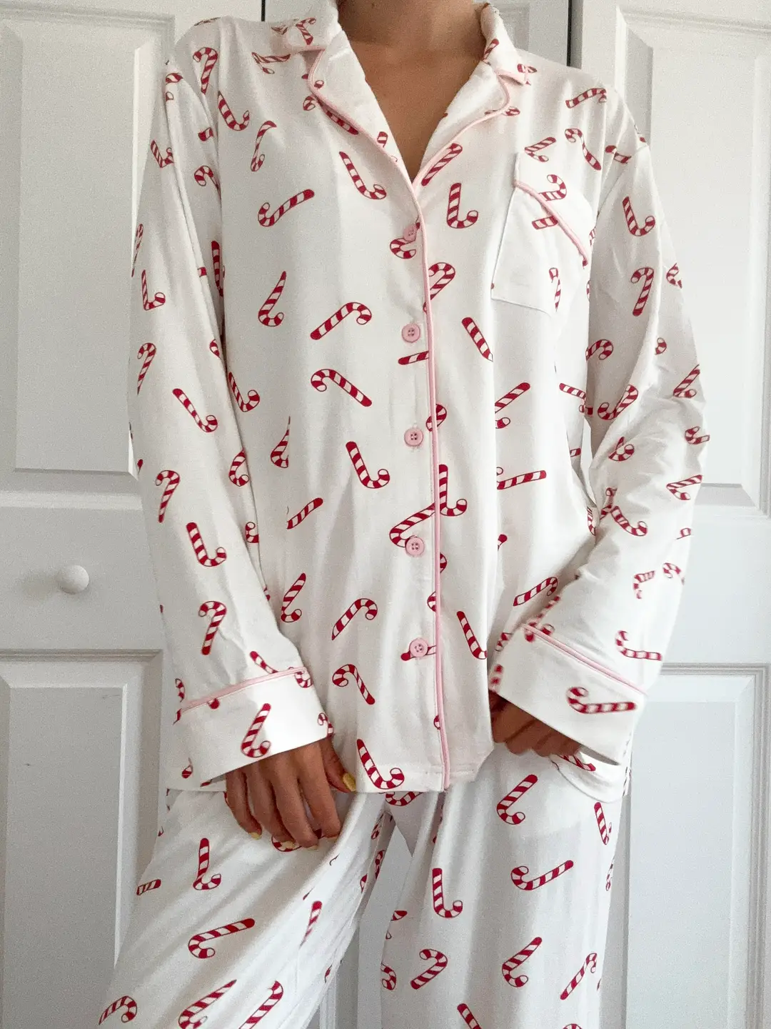 Candy Cane Holiday Christmas Long Sleeve Button Up Pajama Top - Image 2