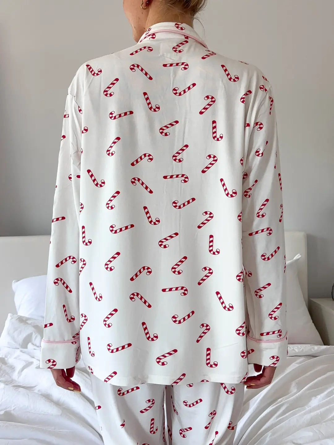 Candy Cane Holiday Christmas Long Sleeve Button Up Pajama Top - Image 3