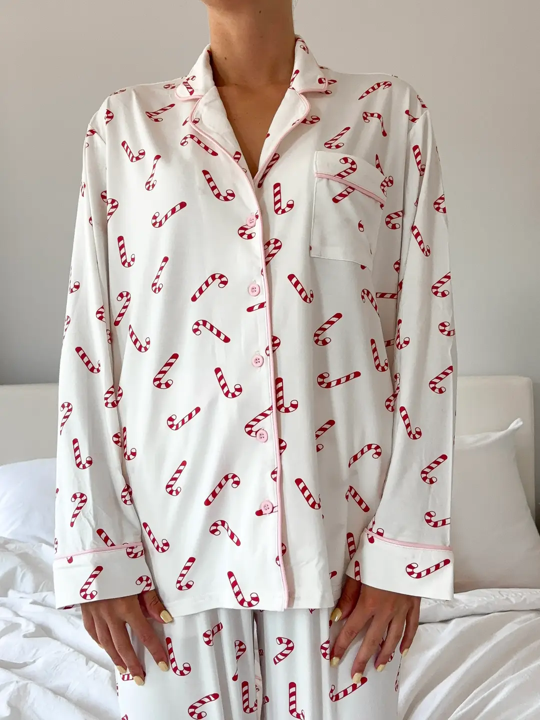 Candy Cane Holiday Christmas Long Sleeve Button Up Pajama Top - Image 4