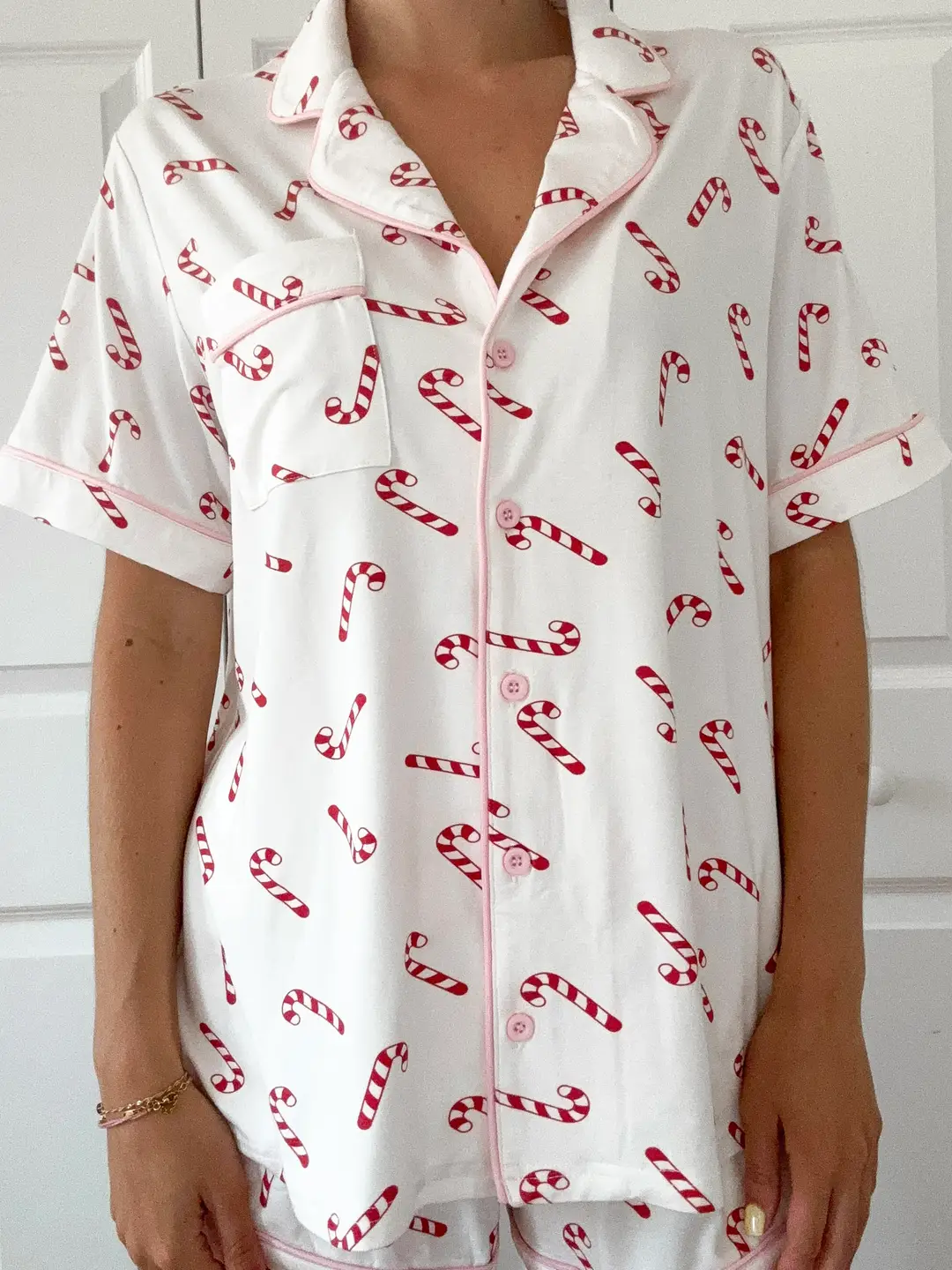 Candy Cane Holiday Christmas Short Sleeve Button Up Pajama Top - Image 2