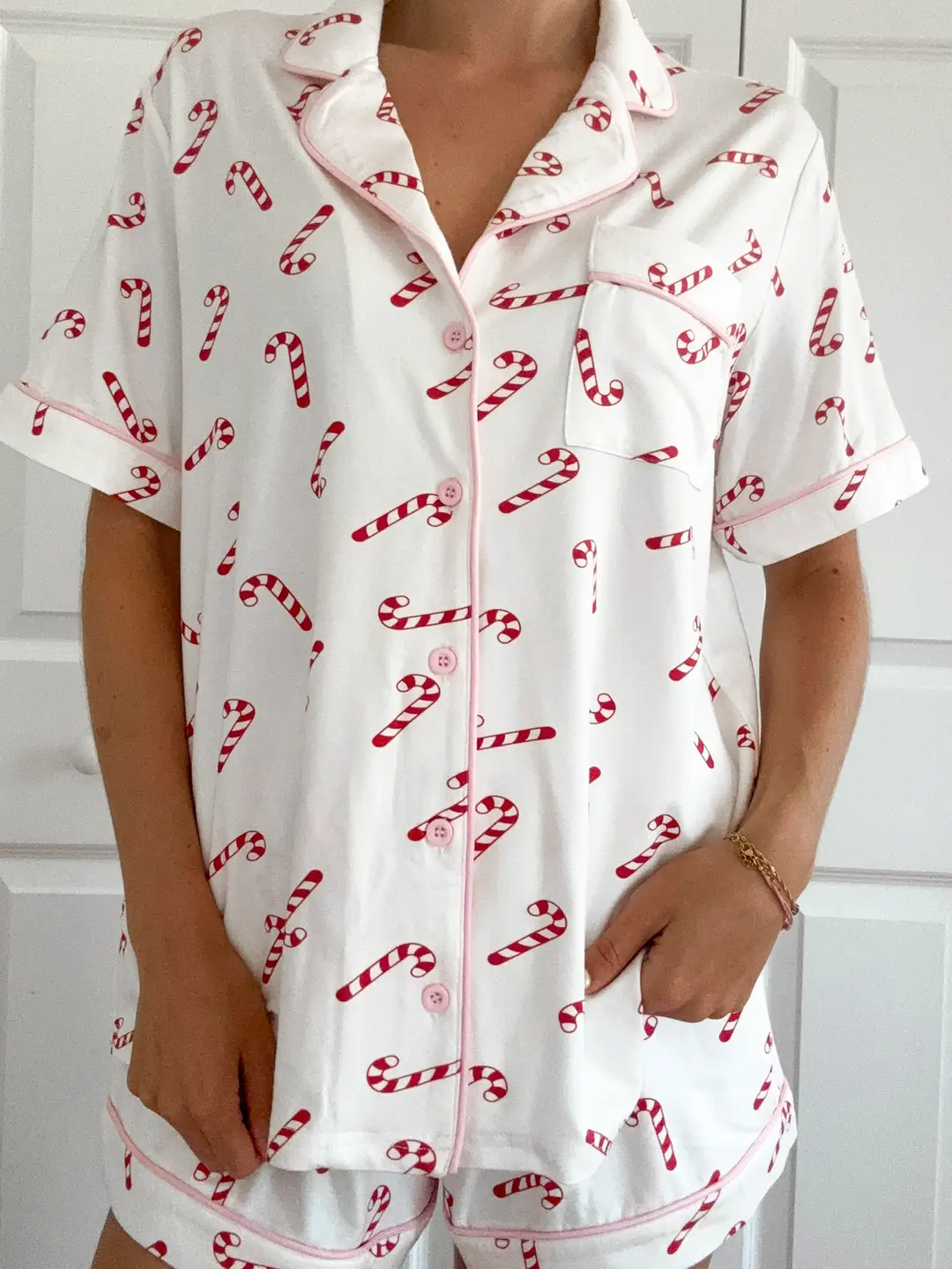 Candy Cane Holiday Christmas Short Sleeve Button Up Pajama Top - Image 3