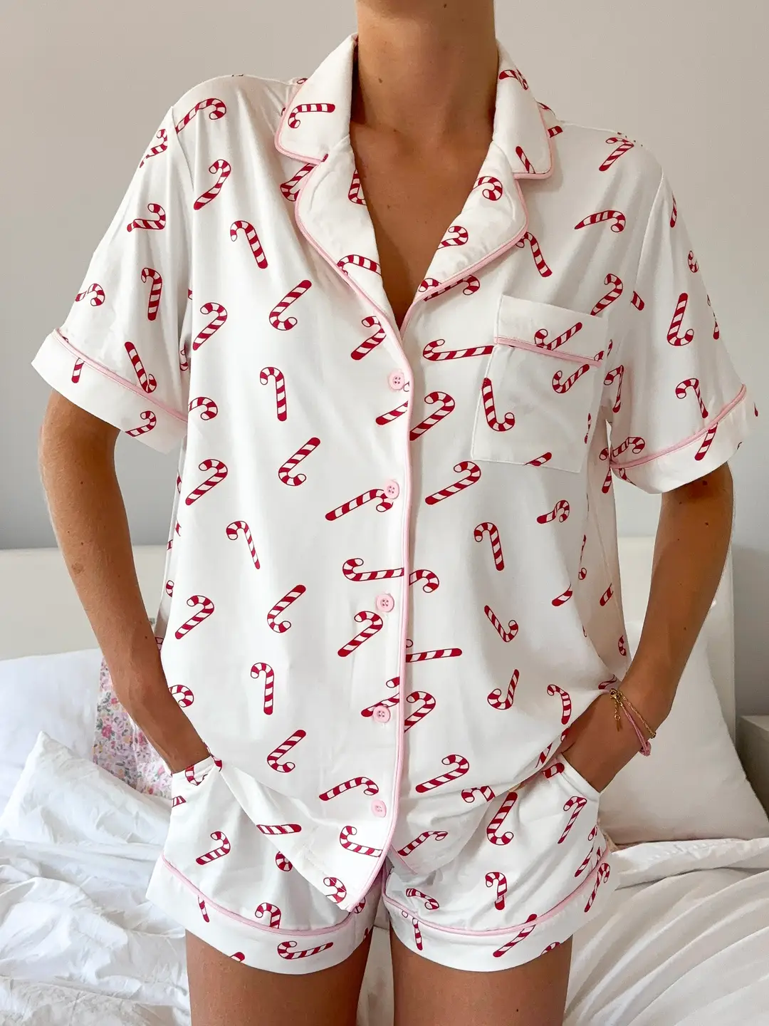 Candy Cane Holiday Christmas Short Sleeve Button Up Pajama Top - Image 4