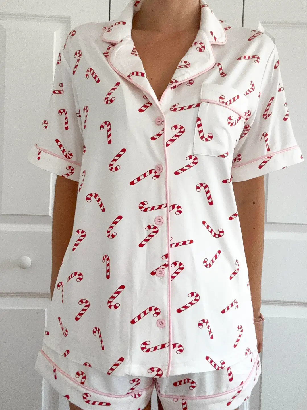 Candy Cane Holiday Christmas Short Sleeve Button Up Pajama Top - Image 5