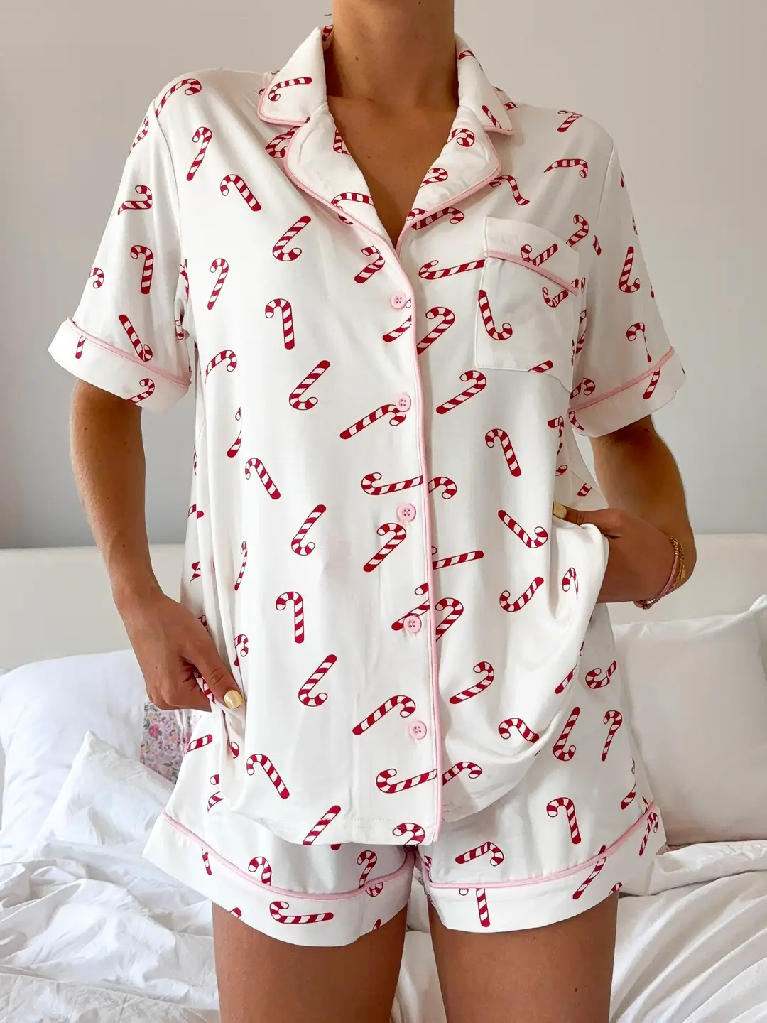 Candy Cane Holiday Christmas Short Sleeve Button Up Pajama Top - Image 6