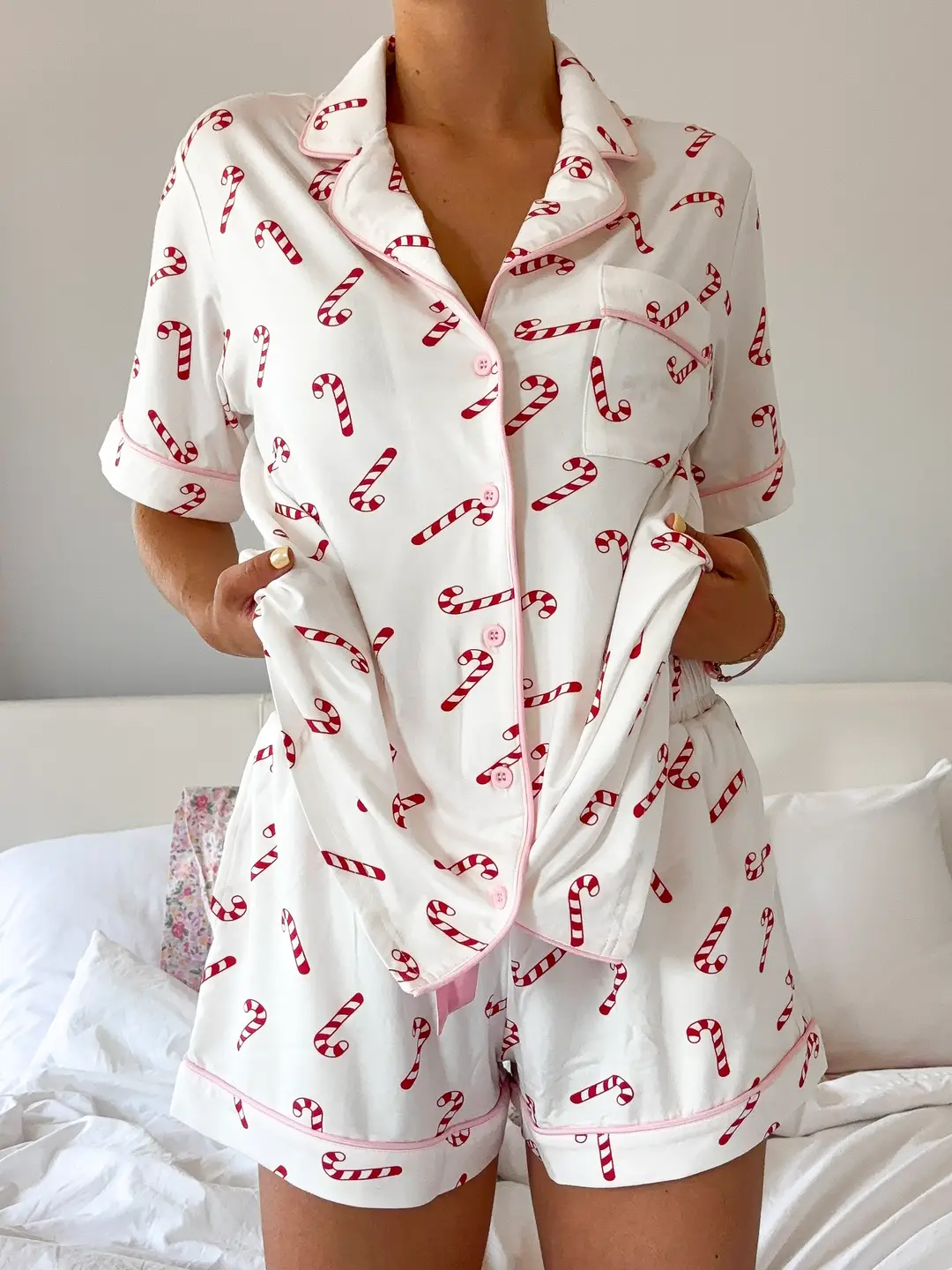 Candy Cane Holiday Christmas Short Sleeve Button Up Pajama Top - Image 7