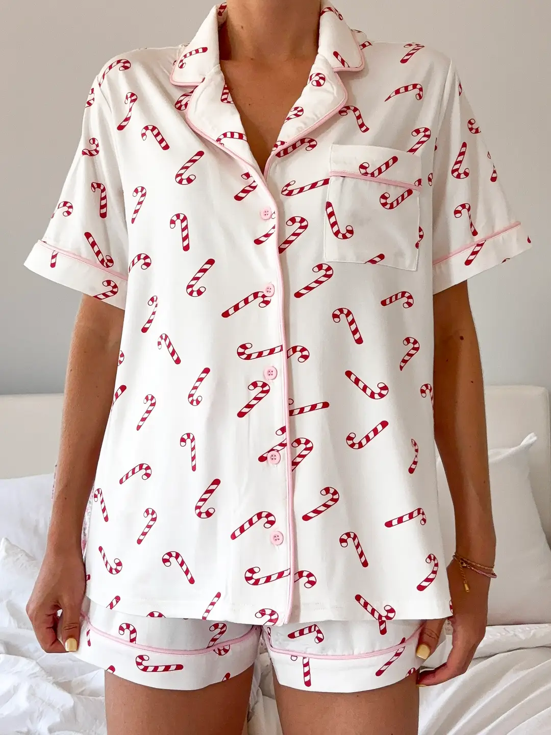 Candy Cane Holiday Christmas Short Sleeve Button Up Pajama Top - Image 8