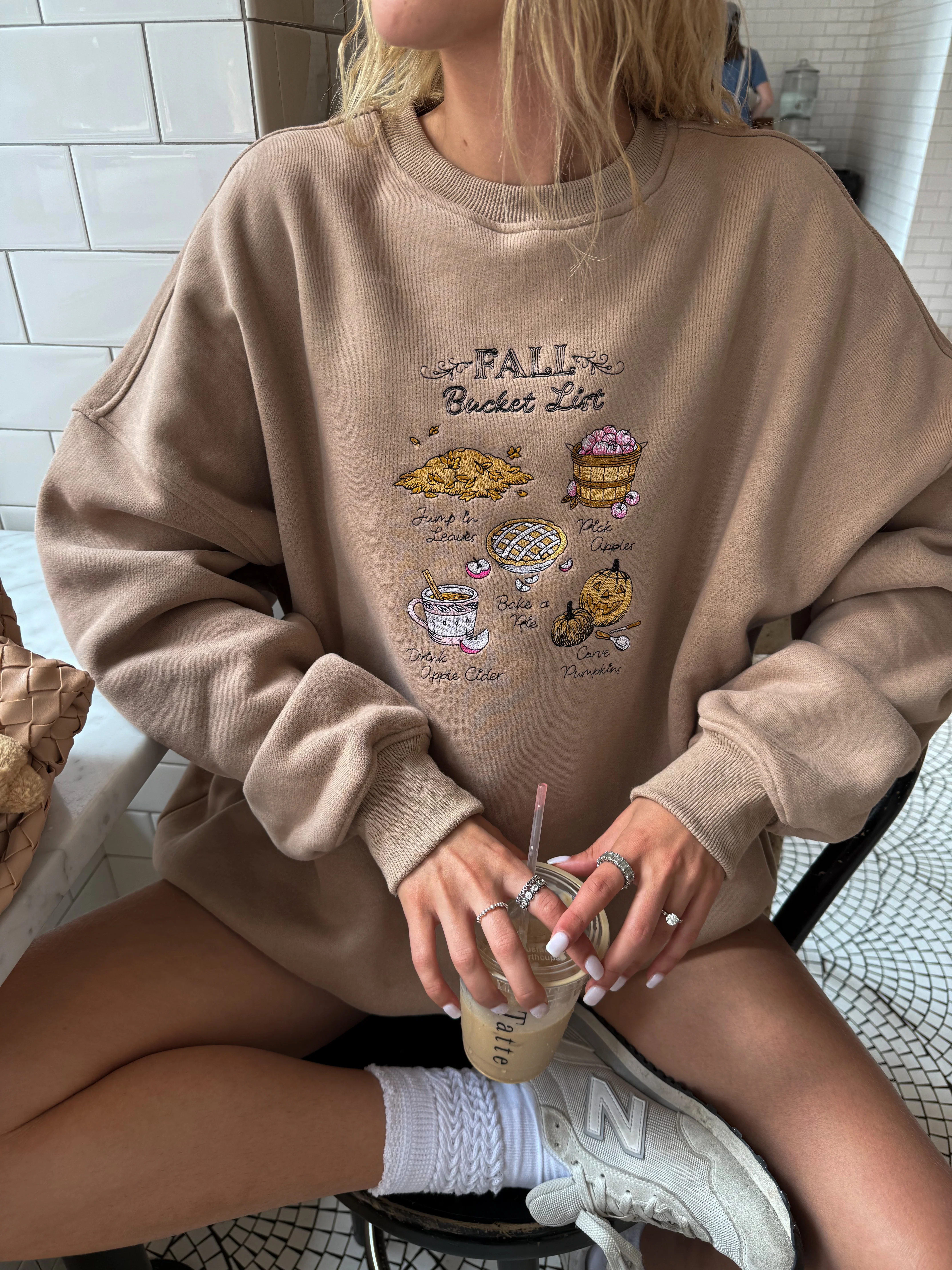 Cappuccino Autumn Fall Bucket List Embroidered Sweatshirt