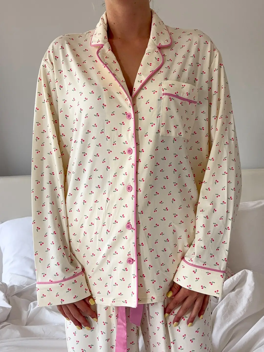 Cherries All Over Long Sleeve Button Up Pajama Top - Image 2