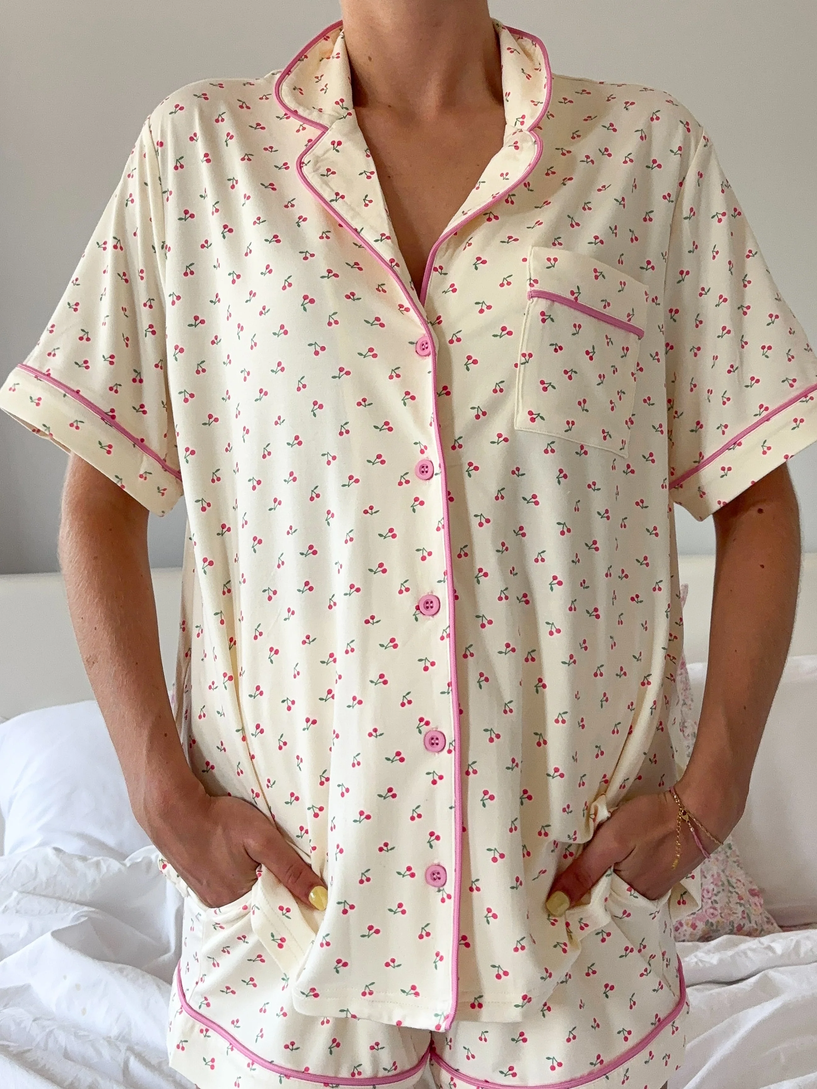Cherries All Over Short Sleeve Button Up Pajama Top - Image 4