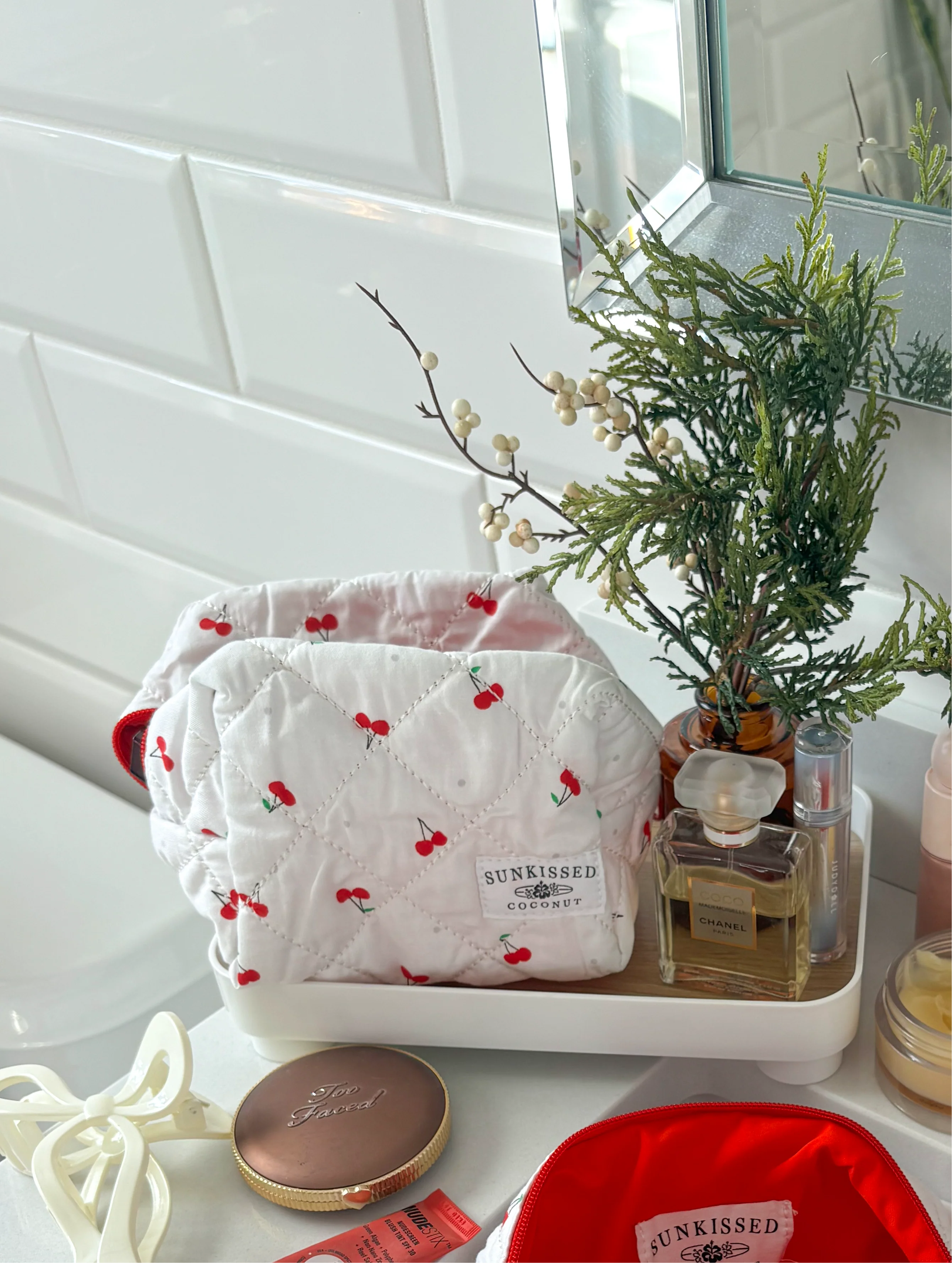 Small Cherry Quilted Handmade Makeup Bag - Image 3