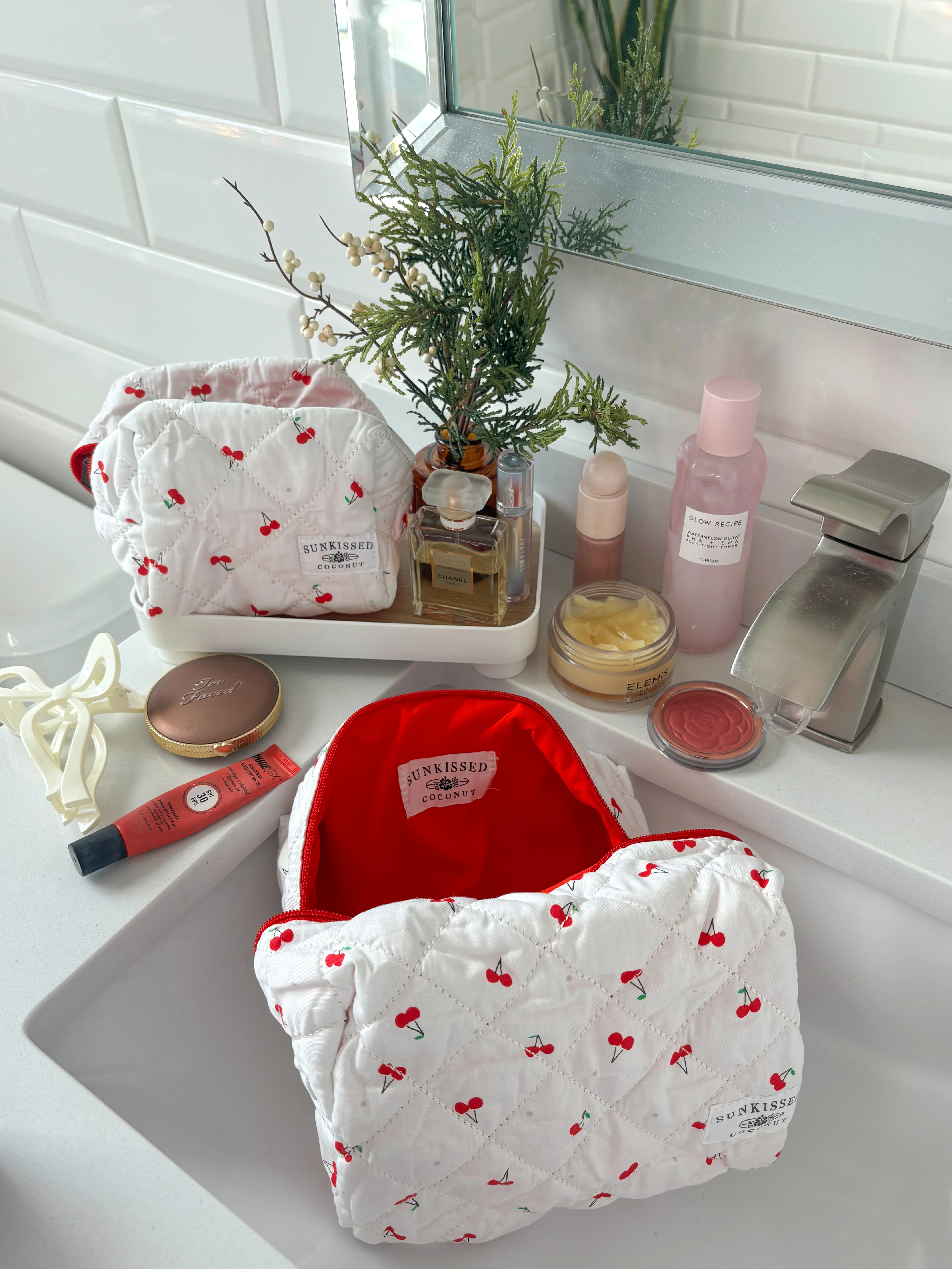 Small Cherry Quilted Handmade Makeup Bag - Image 4
